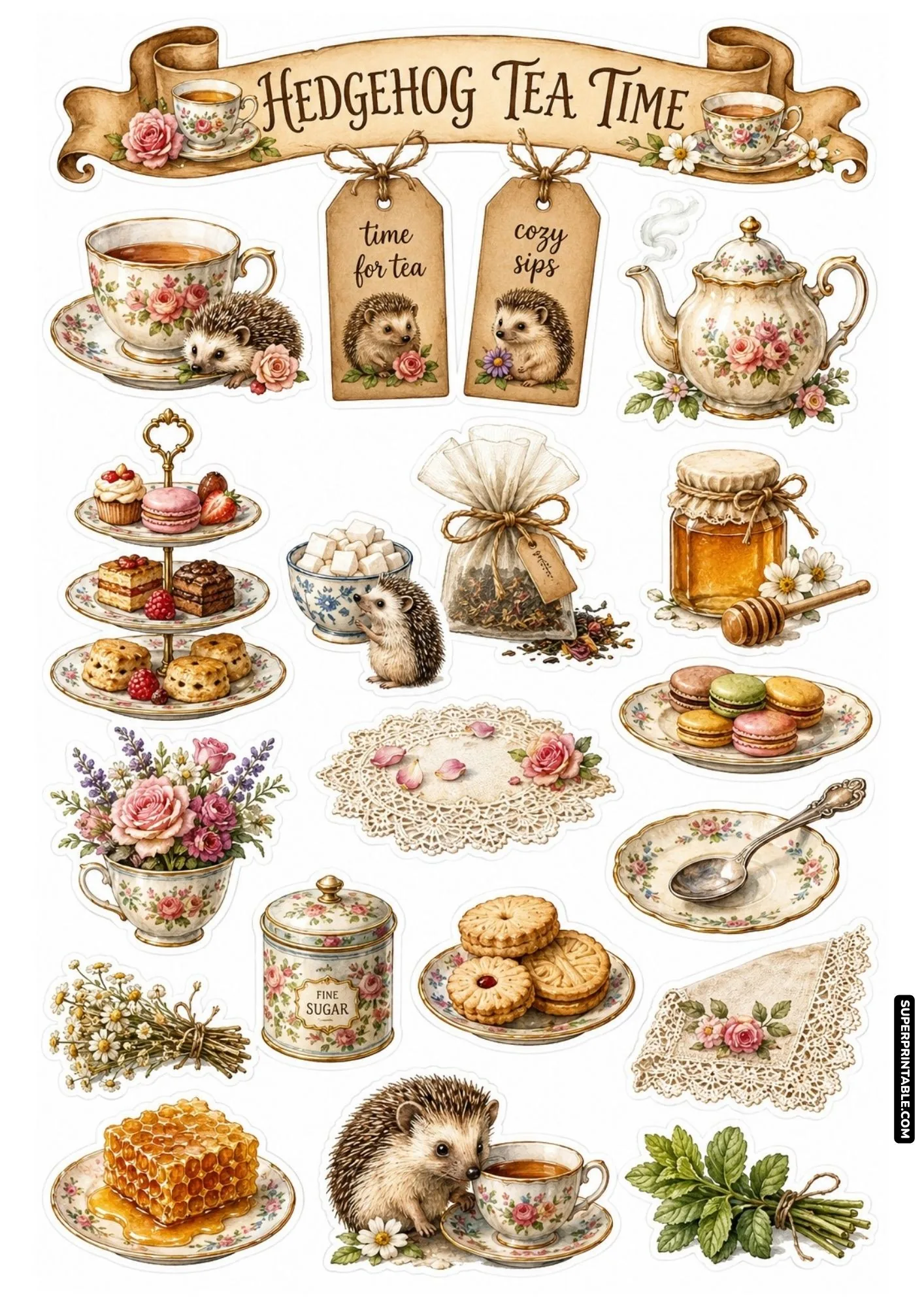 Cozy tea time hedgehog sticker sheet featuring porcelain teacups, floral teapot, macarons, sugar bowl, and cookies.