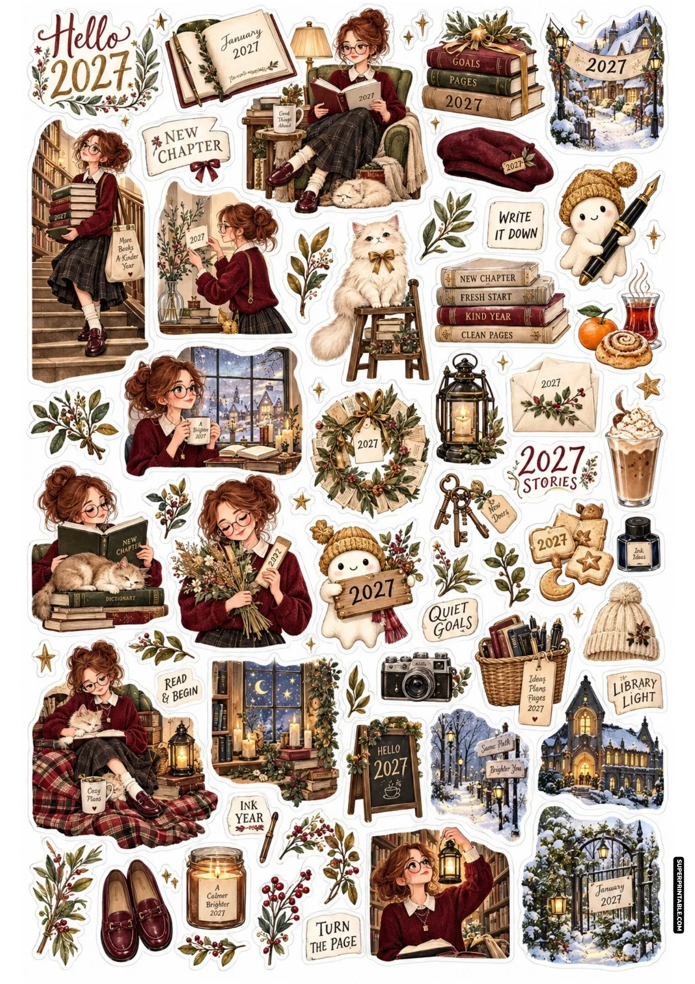 Dark academia girl with glasses in burgundy sweater surrounded by tall book stacks and cozy 2027 library stickers.