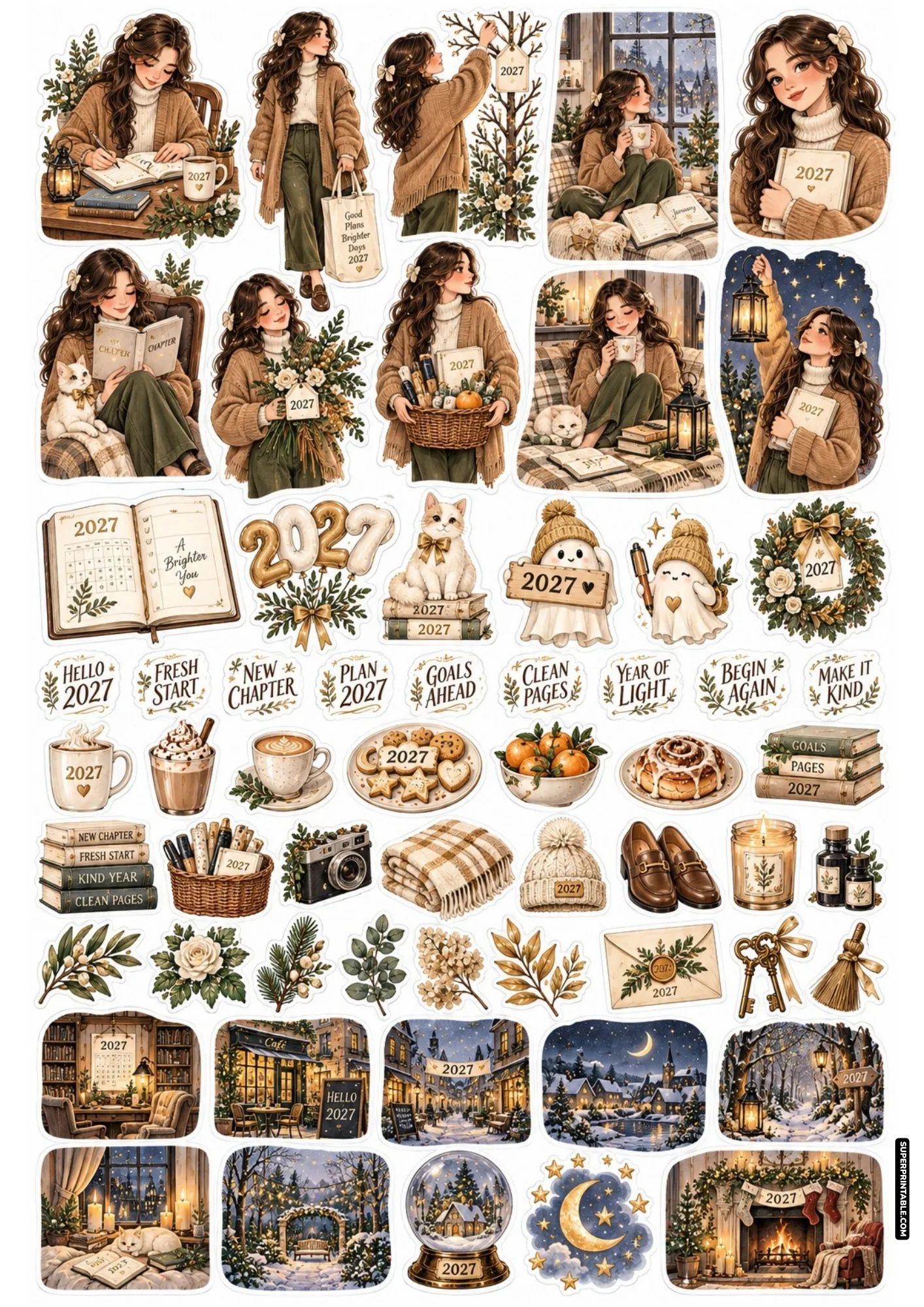 Hello 2027 sticker sheets featuring a cozy girl in brown knitwear journaling with coffee, cats, and festive winter scenes.