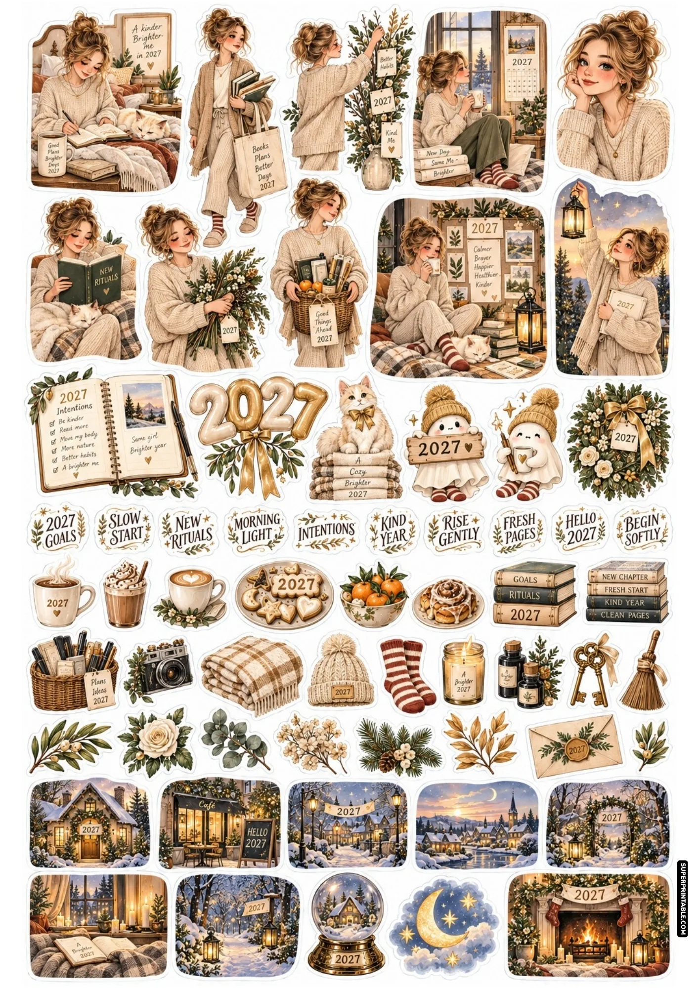 Hello 2027 sticker sheets with a girl in cream knit loungewear writing new year intentions alongside warm tea and snow.