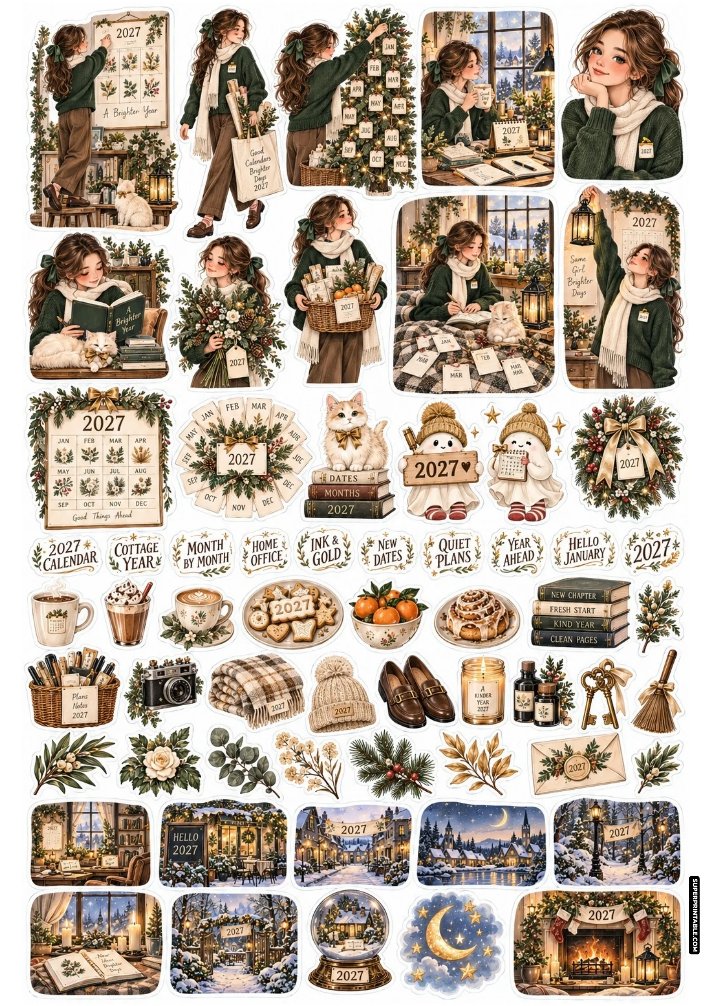 Girl in dark green sweater hanging a 2027 calendar sticker sheet with botanical wreaths, ghost figures, and cozy books.