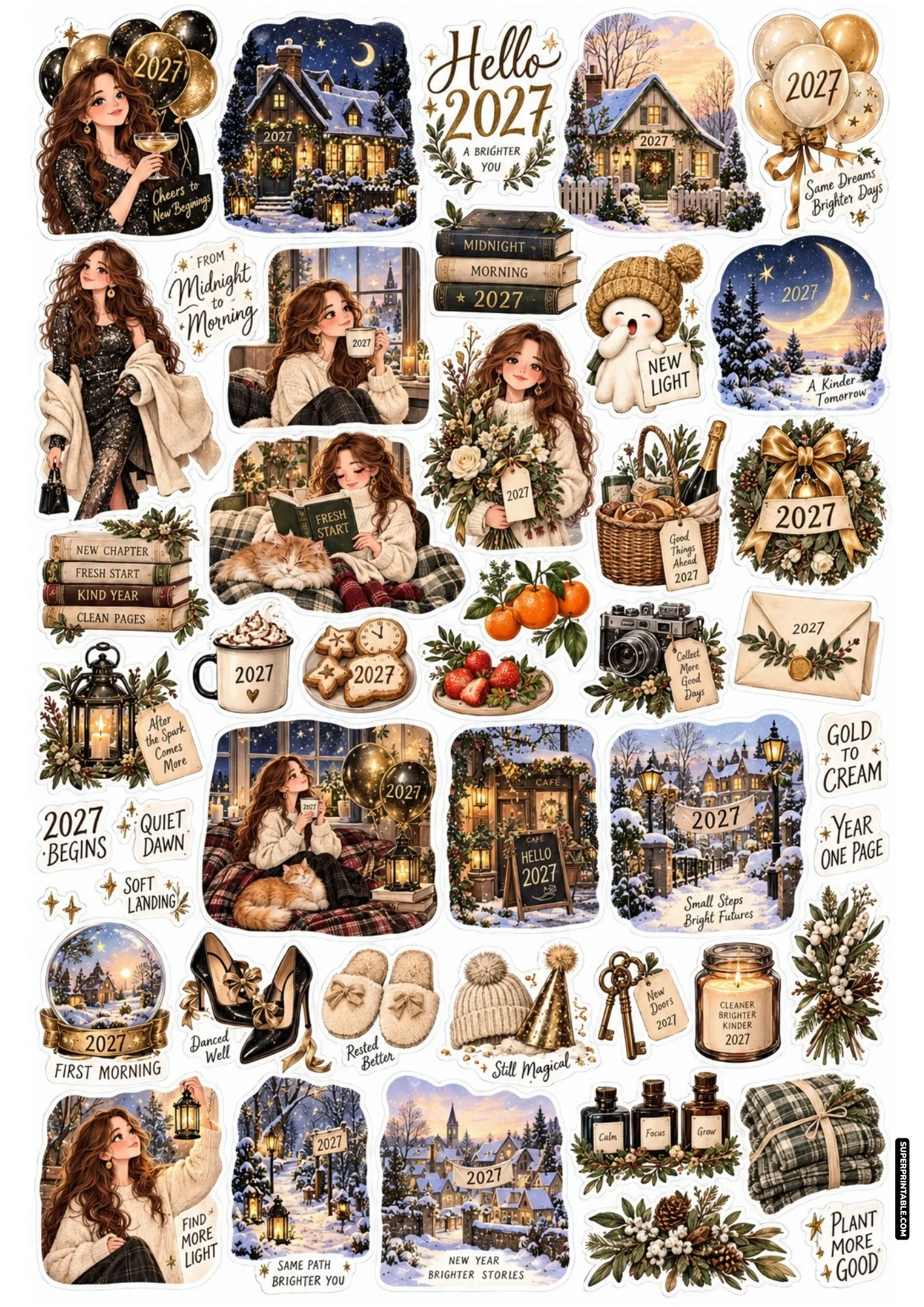 Midnight party to cozy morning sticker sheet featuring black sequin gown, fluffy slippers, warm coffee, and winter village.