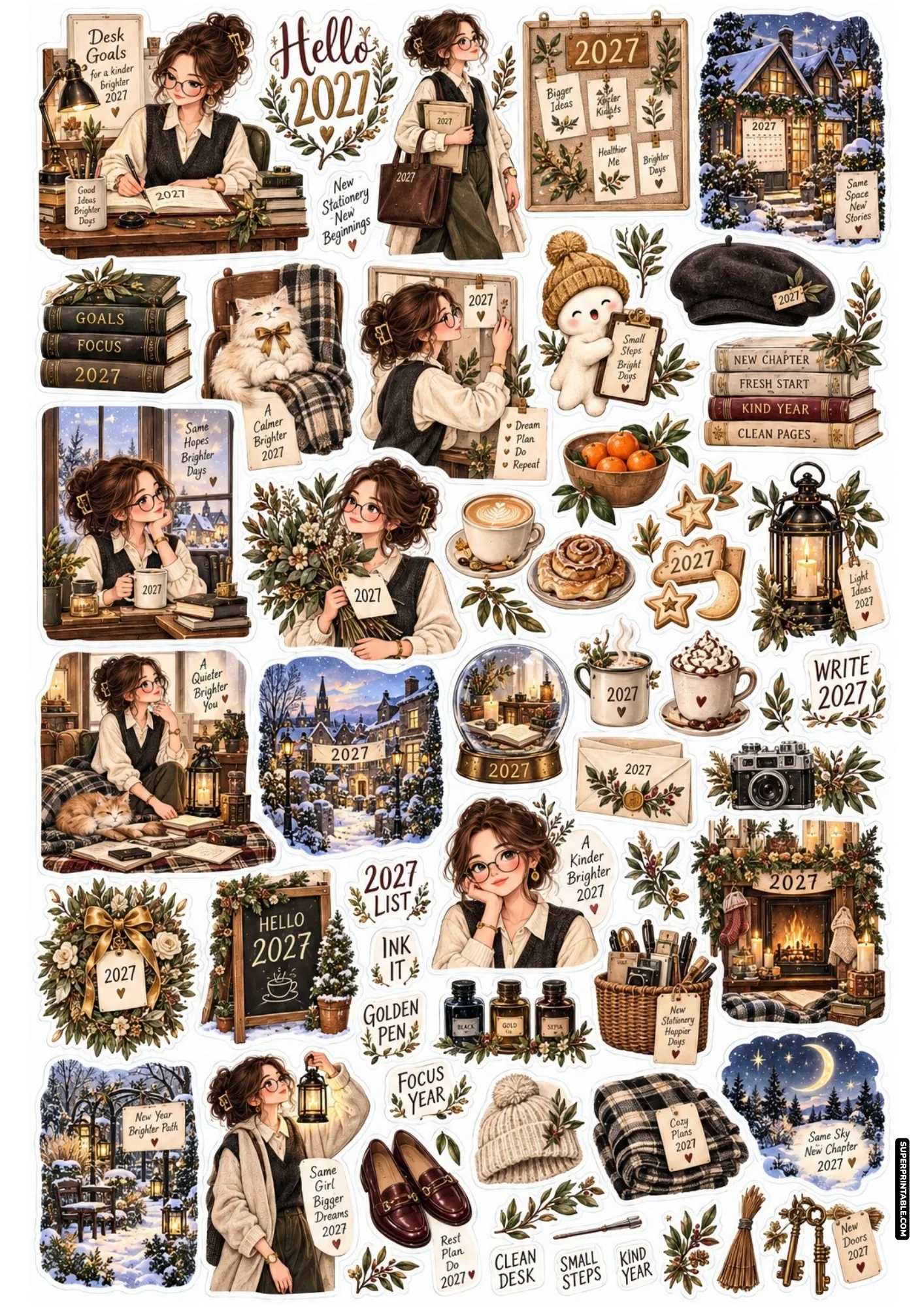 Productive girl in sweater vest organizing desk goals and vision boards with stationery and warm 2027 planner stickers.