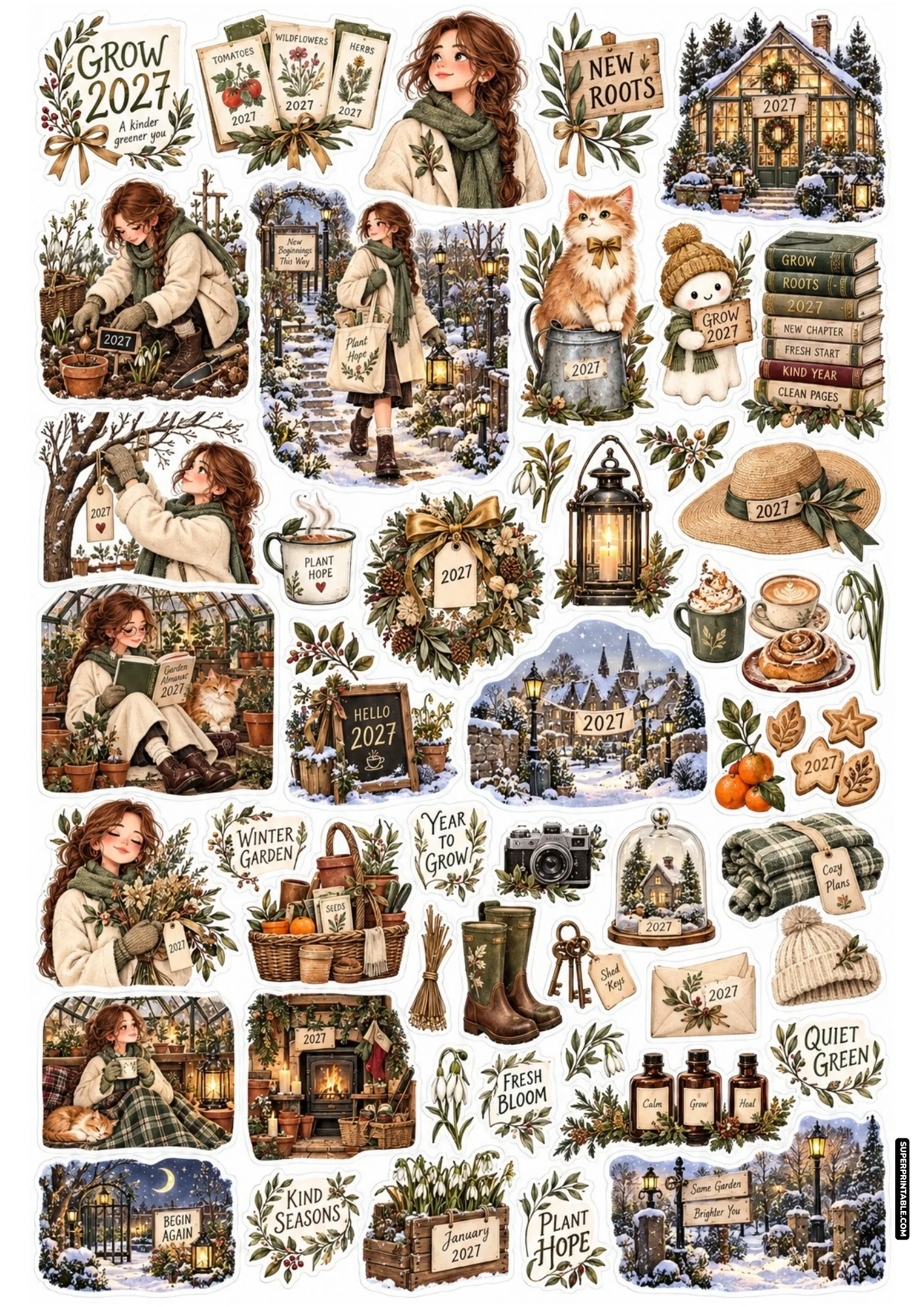 Botanical winter greenhouse sticker sheet showing a girl tending plants in warm knitwear with snowdrops and rustic tools.