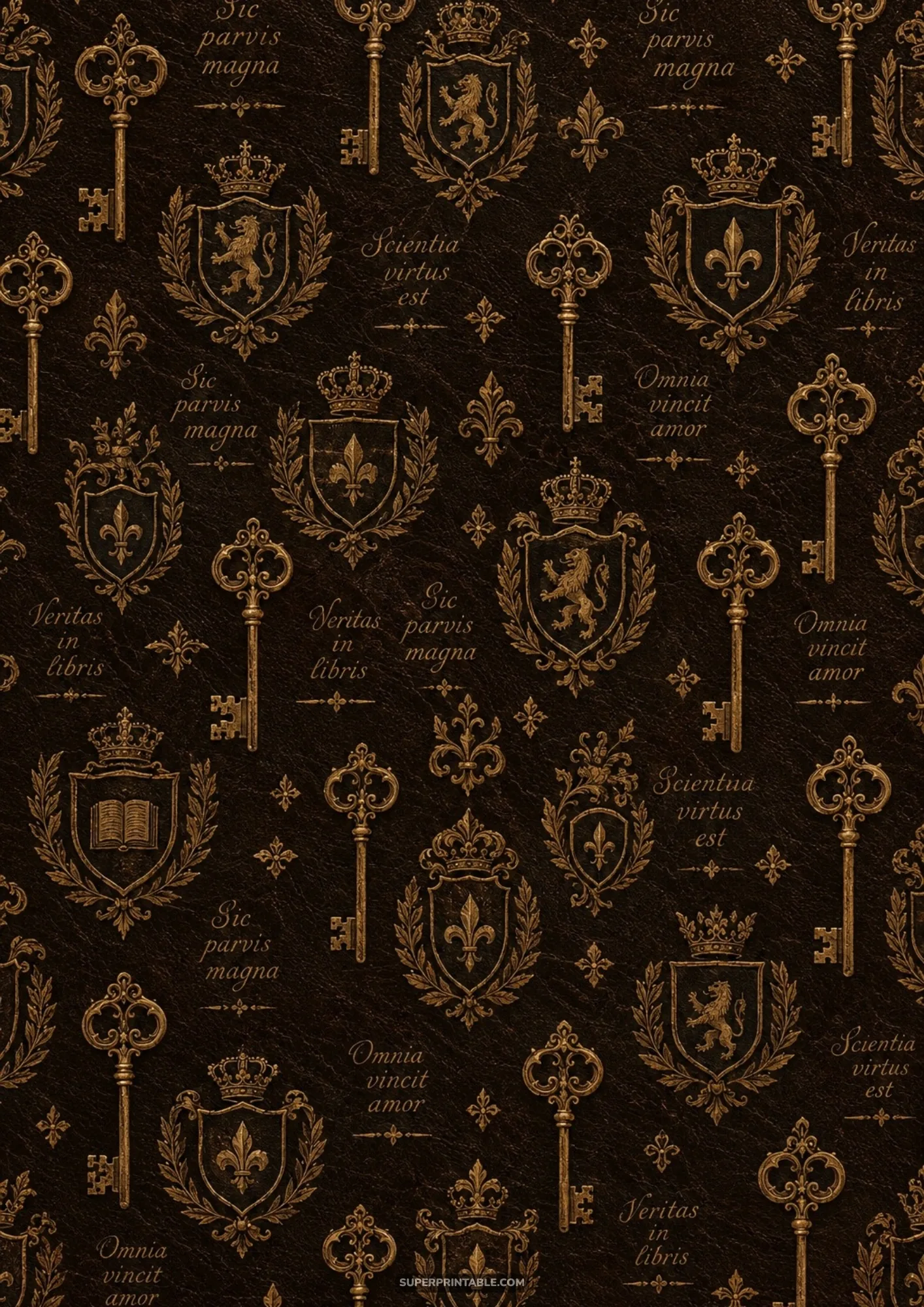 Embossed dark brown leather pattern with golden heraldic crests, Latin script, and skeleton keys
