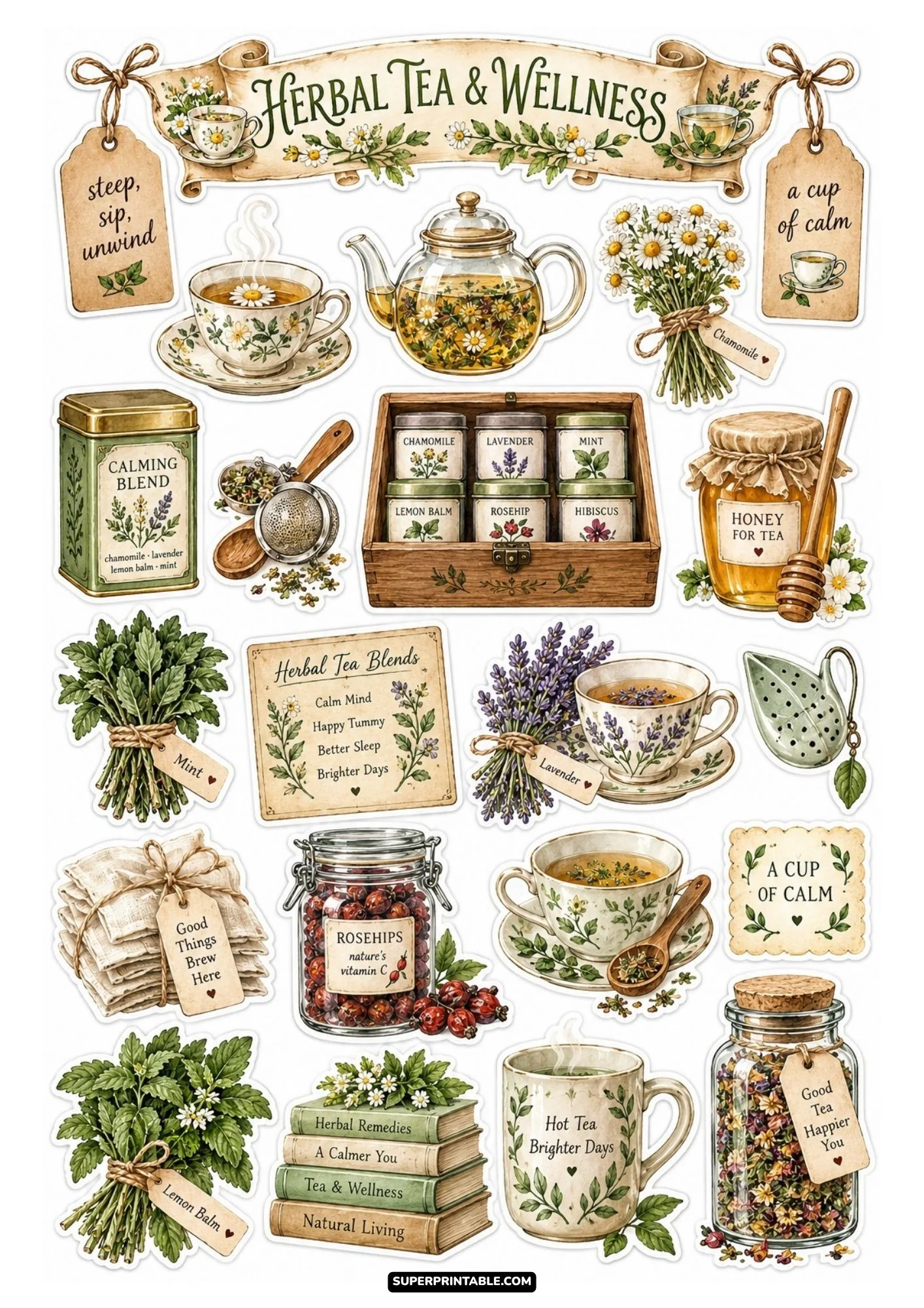 Printable herbal tea sticker sheets showing an apothecary chest of herb jars, chamomile, and rosehips.