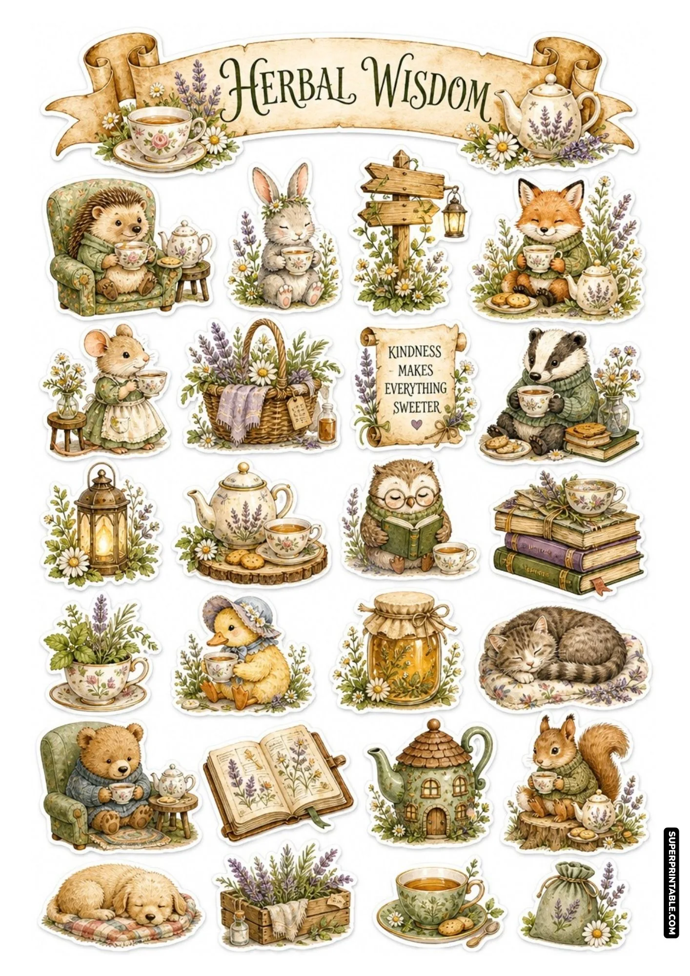 Printable sticker collection of woodland animals surrounded by herbal tea, lavender, and old books.