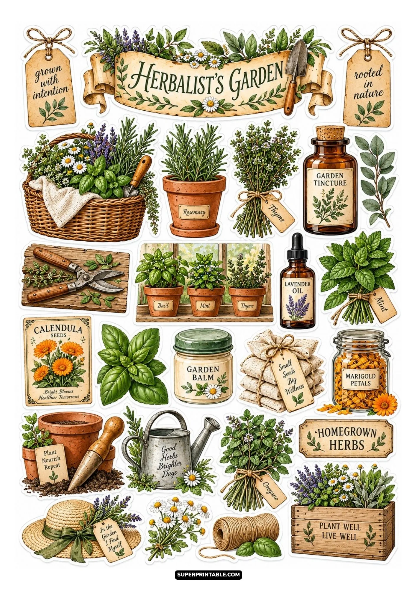 Herbalist's garden sticker sheet with potted plants, seed packets, and watering can.