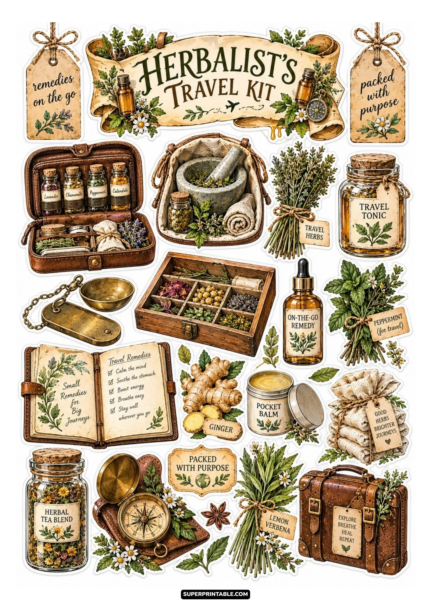 Travel herbalist sticker sheet showing leather remedy case, compass, and pocket balm.