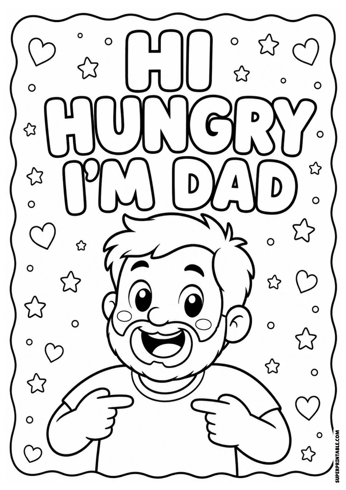 Classic hi hungry im dad joke line drawing featuring a smiling father pointing at himself.