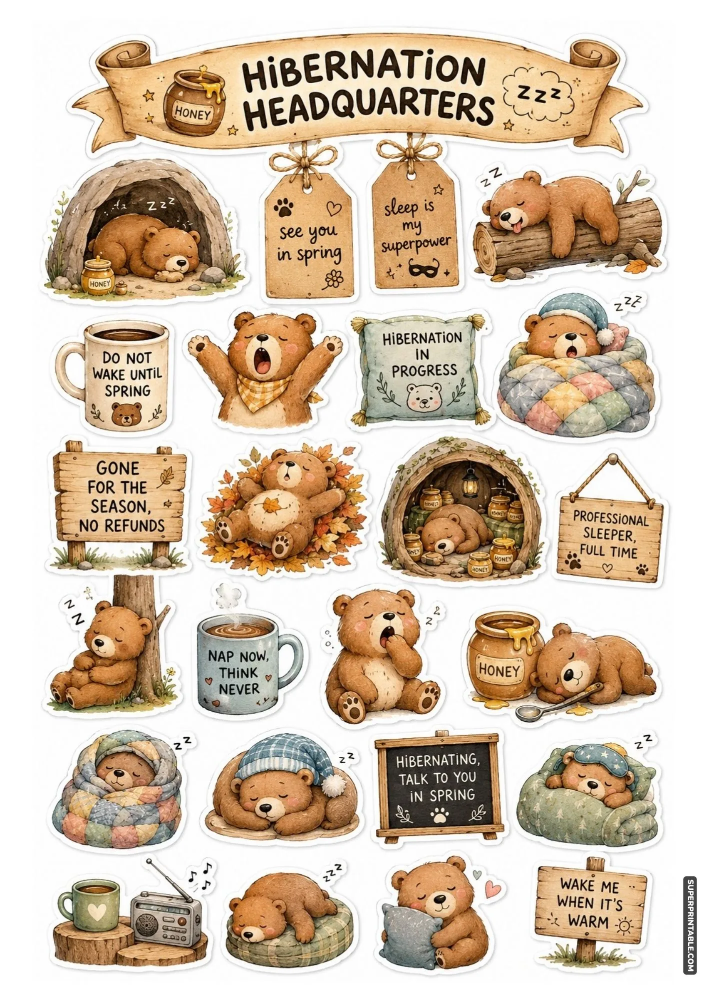 Cute brown bear sticker sheet depicting cozy hibernation themes, sleeping bears, and honey pots.