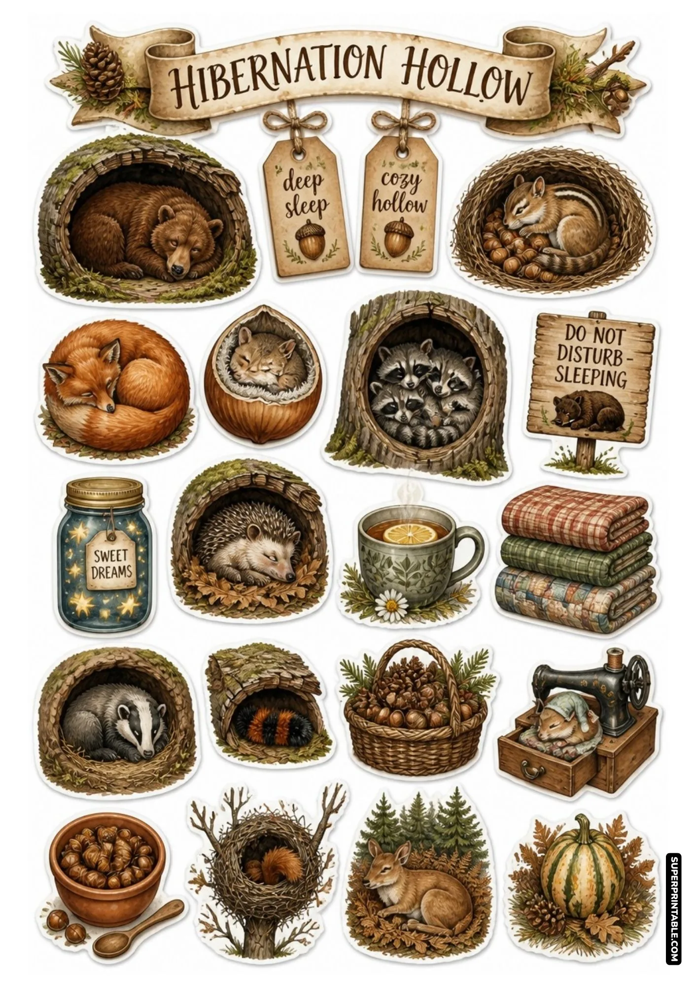 Hibernating forest animals sticker sheet featuring bears and foxes sleeping in cozy hollows.