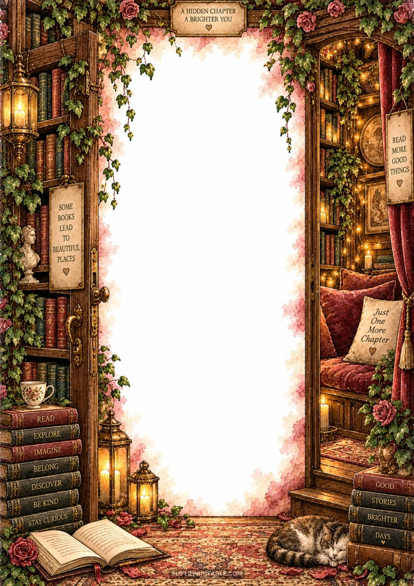 Arched secret bookcase doorway with climbing pink roses, glowing lanterns, and sleeping cat.