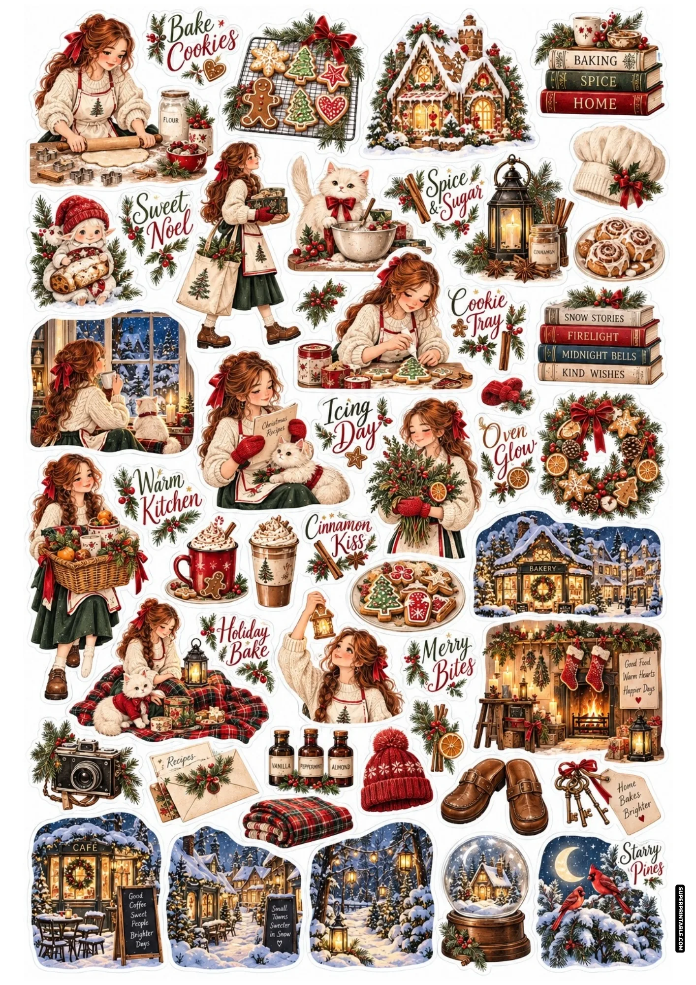 Christmas baking sticker sheet with gingerbread men, flour jars, rolling pins, and iced sugar cookies