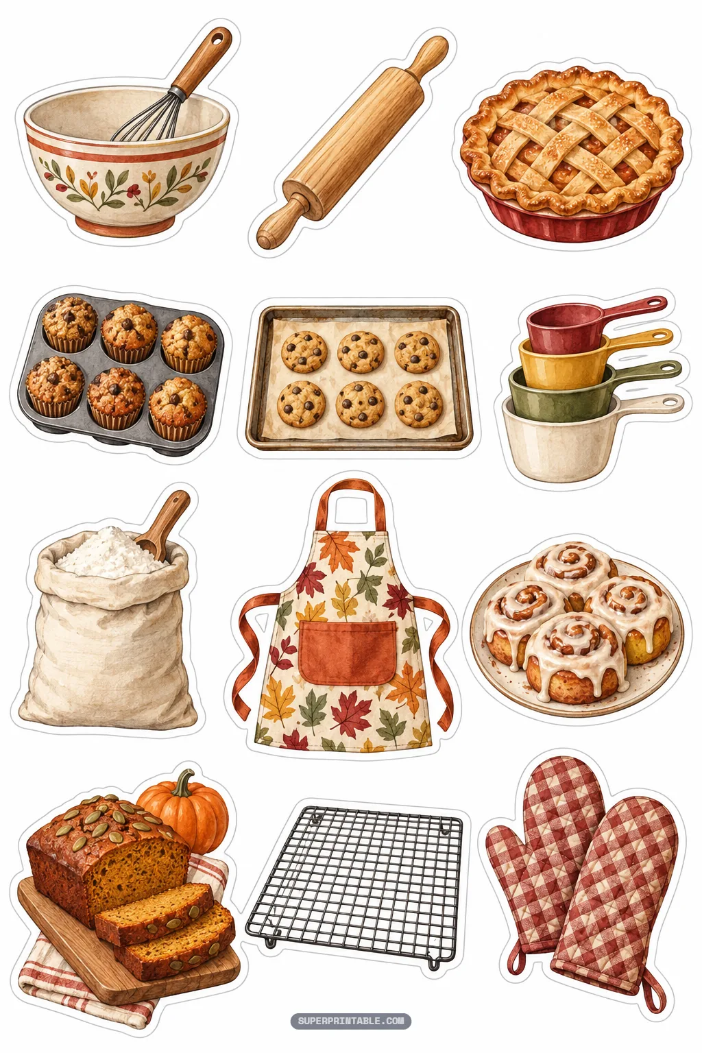 Kitchen baking stickers with rolling pin, mixing bowl, chocolate chip cookies, and apron