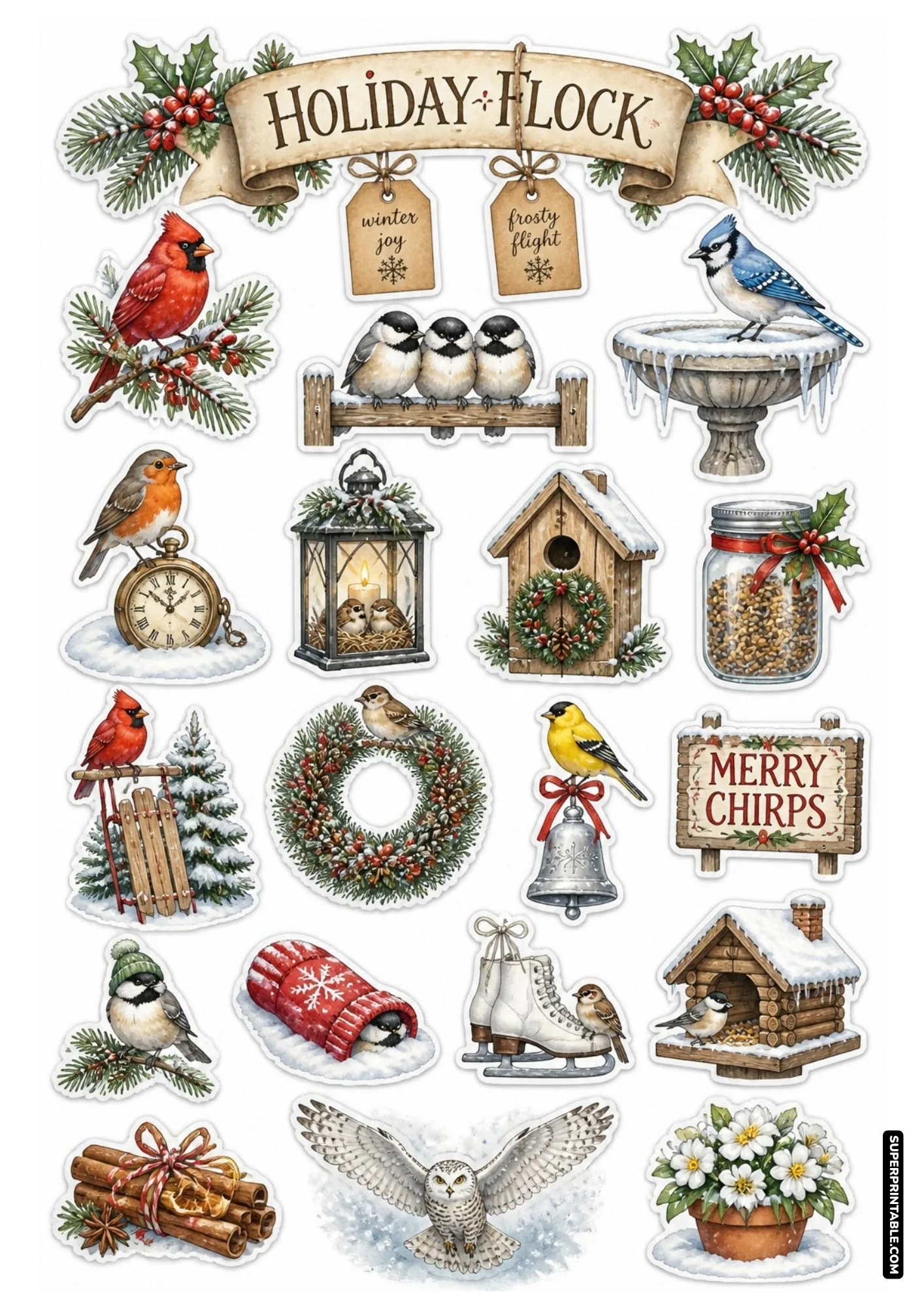 Christmas bird sticker sheet featuring winter cardinals, icy birdbaths, and holiday wreaths.