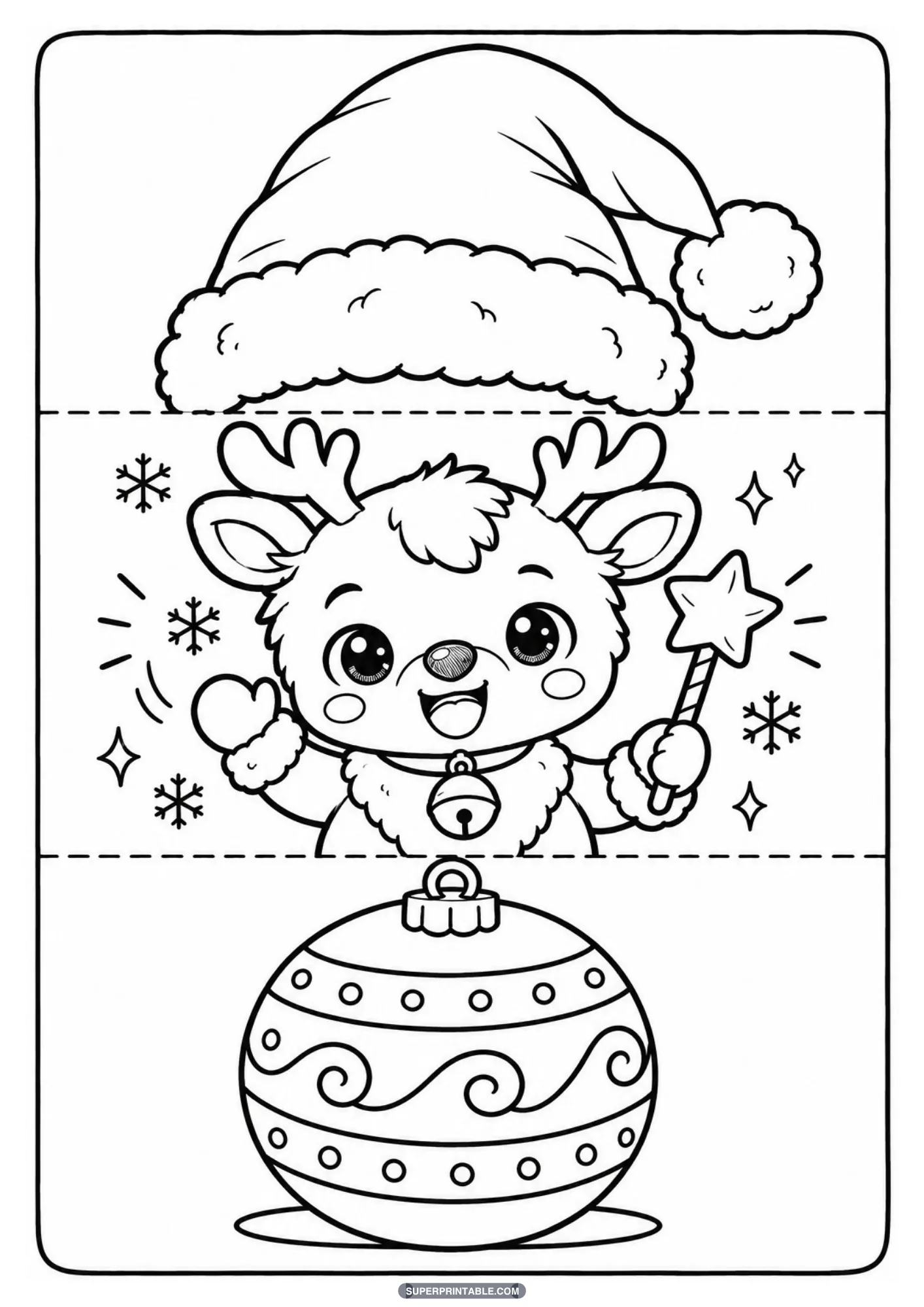 Cute baby reindeer with jingle bell collar and star wand inside a folding holiday ornament