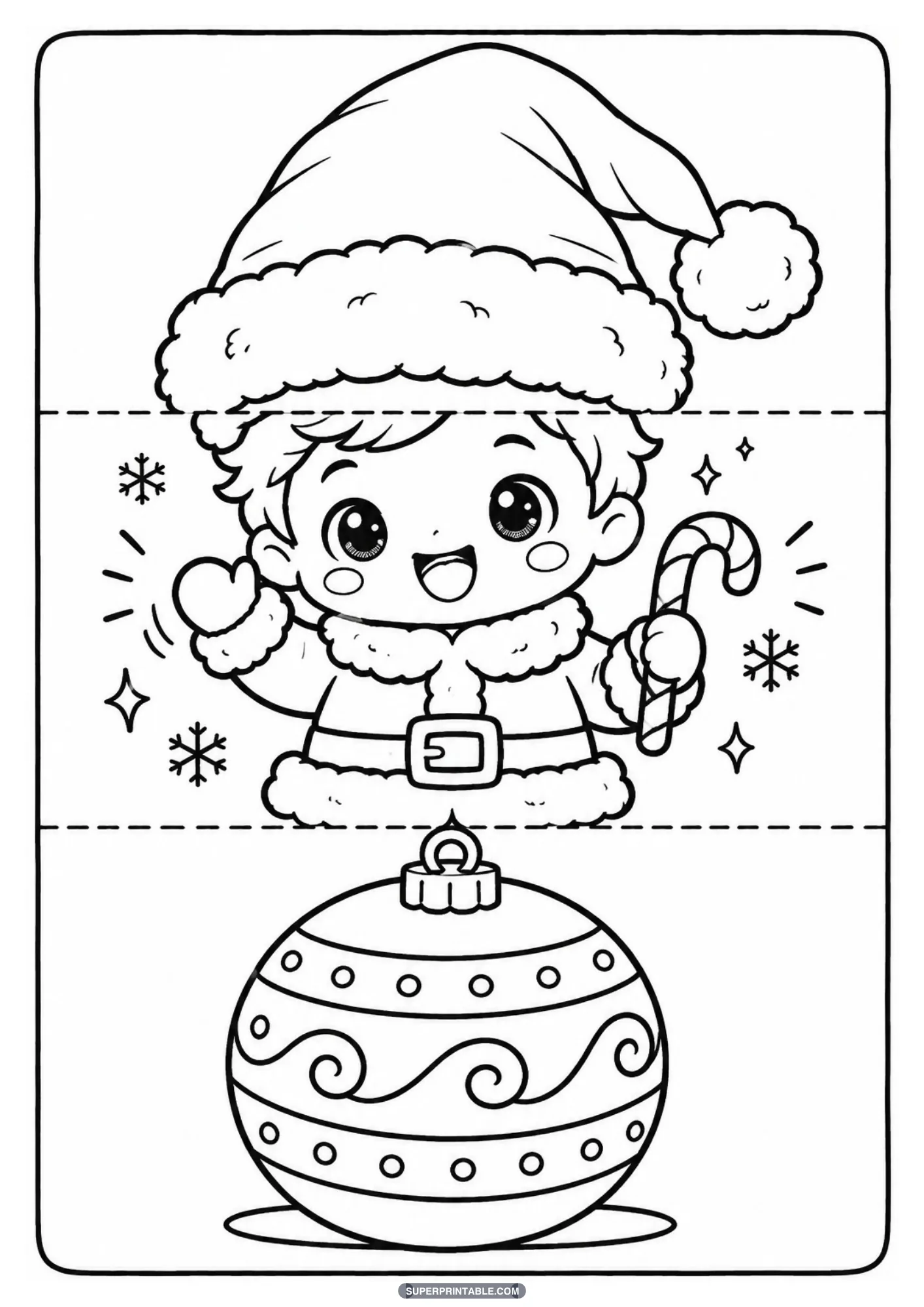 Cheerful child in a Santa suit holding a candy cane inside a folding Christmas bauble craft
