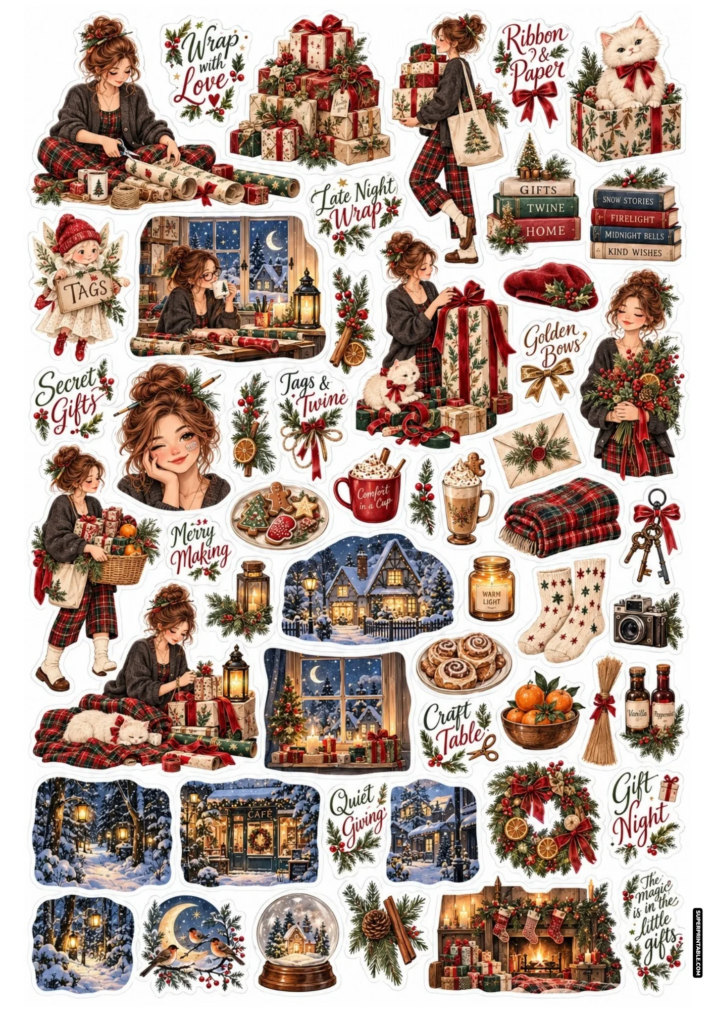 Gift wrapping sticker sheet featuring wrapped parcels, ribbon tags, craft supplies, and warm winter mugs