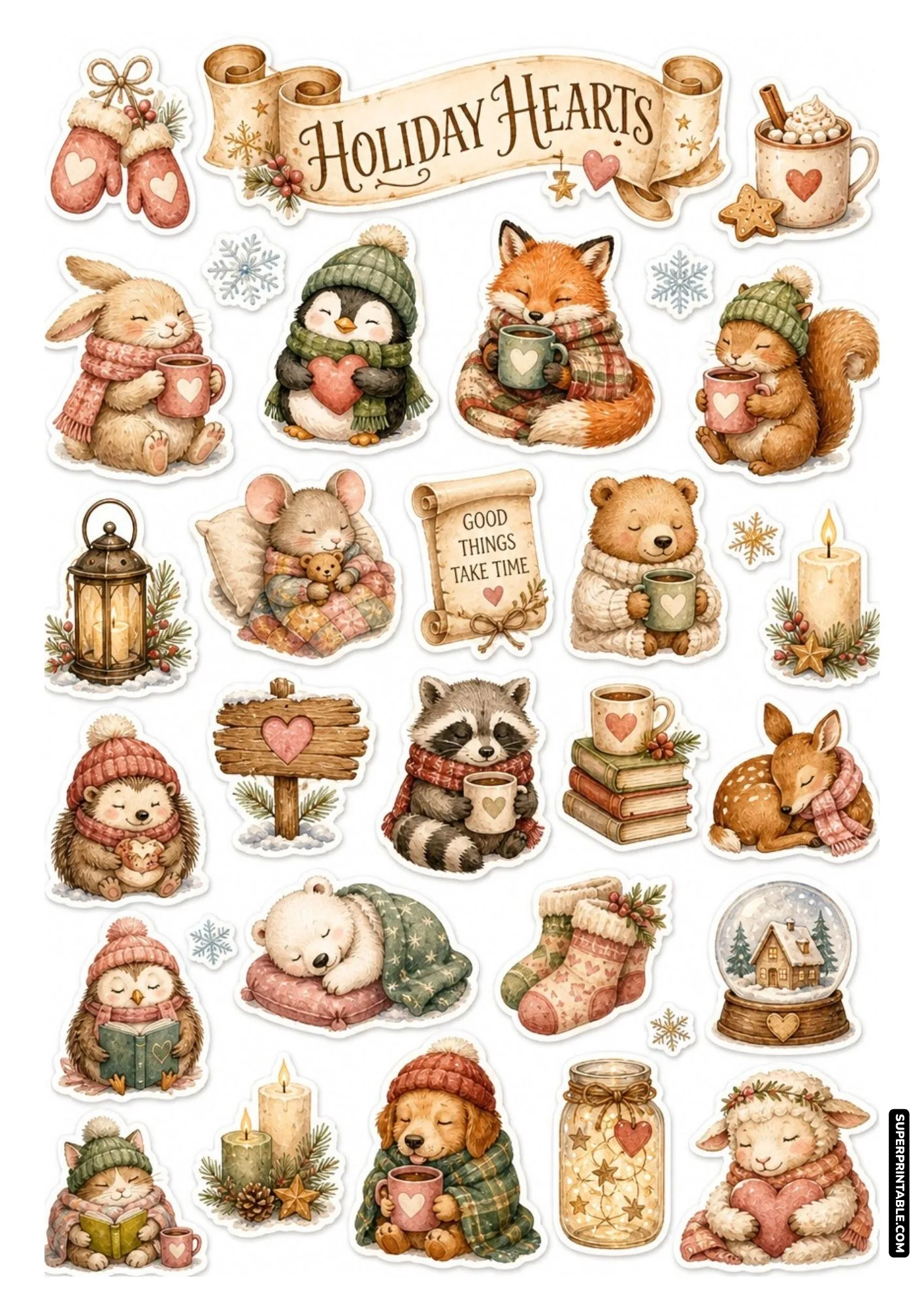 Holiday heart themed sticker sheet with cute animals holding hearts and warm drinks.