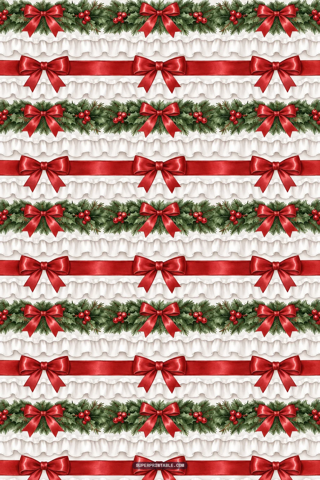 christmas holiday digital papers pattern of pleated white lace ruffles red satin ribbons and pine garlands