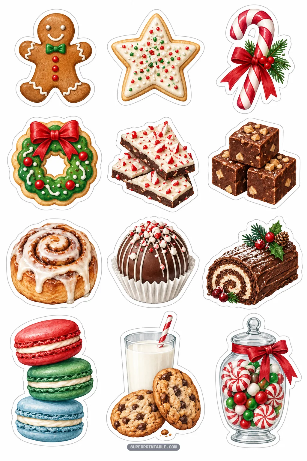 Watercolor holiday sweet treat stickers including gingerbread cookies peppermint bark and yule log