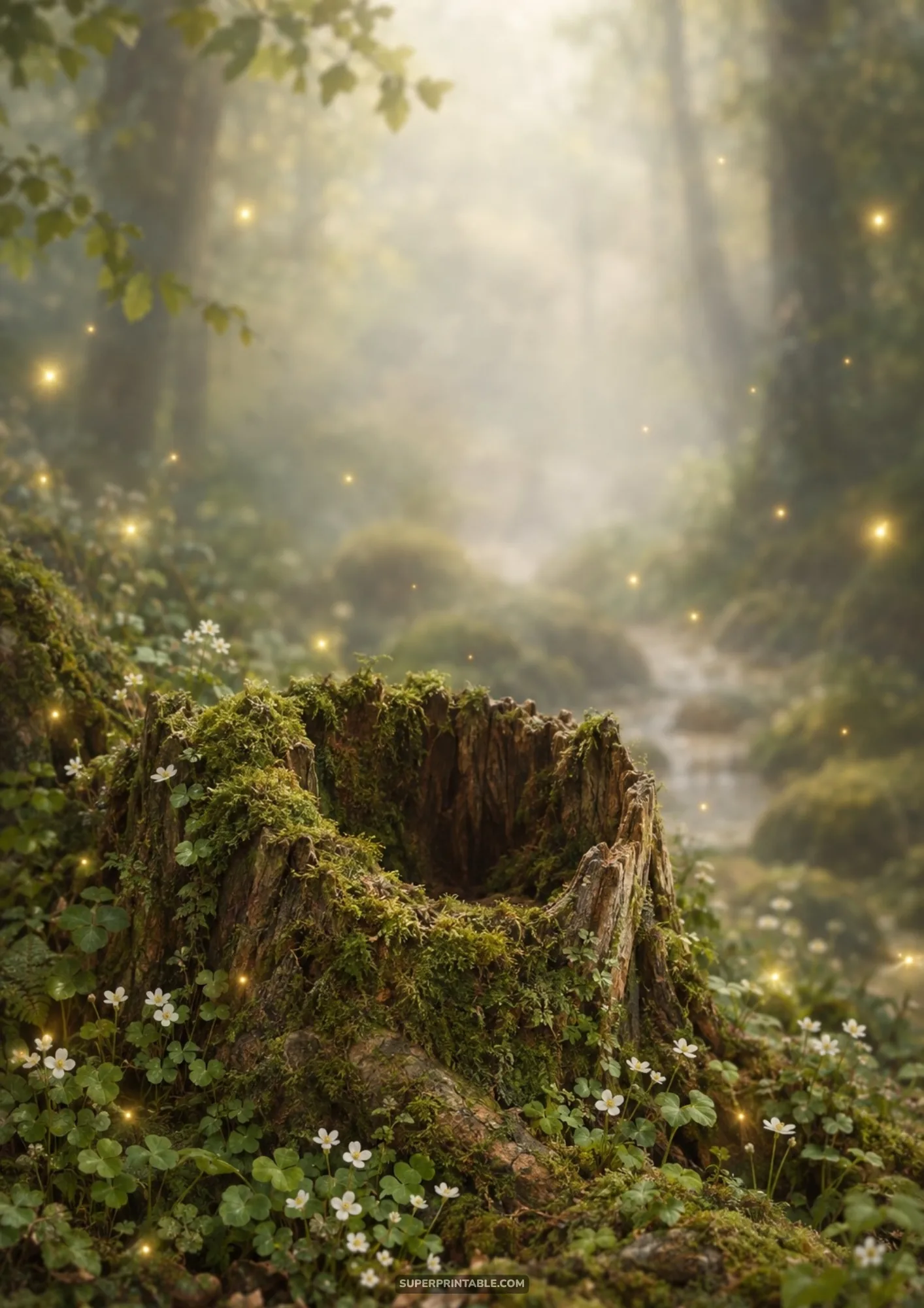 Weathered hollow tree stump cradled by fresh moss white wood sorrel blossoms and glowing orbs
