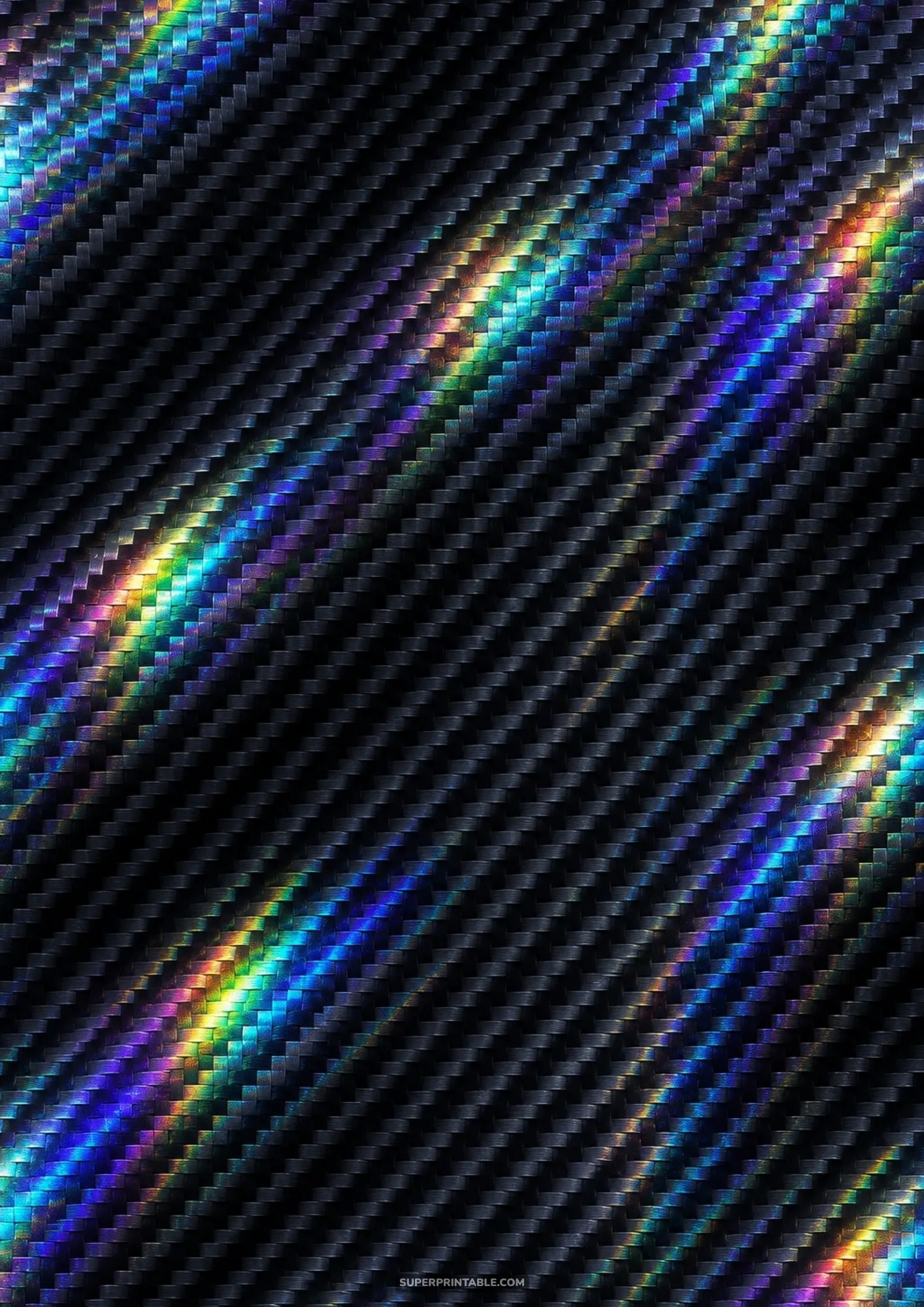 Carbon fiber twill weave surface illuminated with diagonal holographic rainbow chromatic highlights