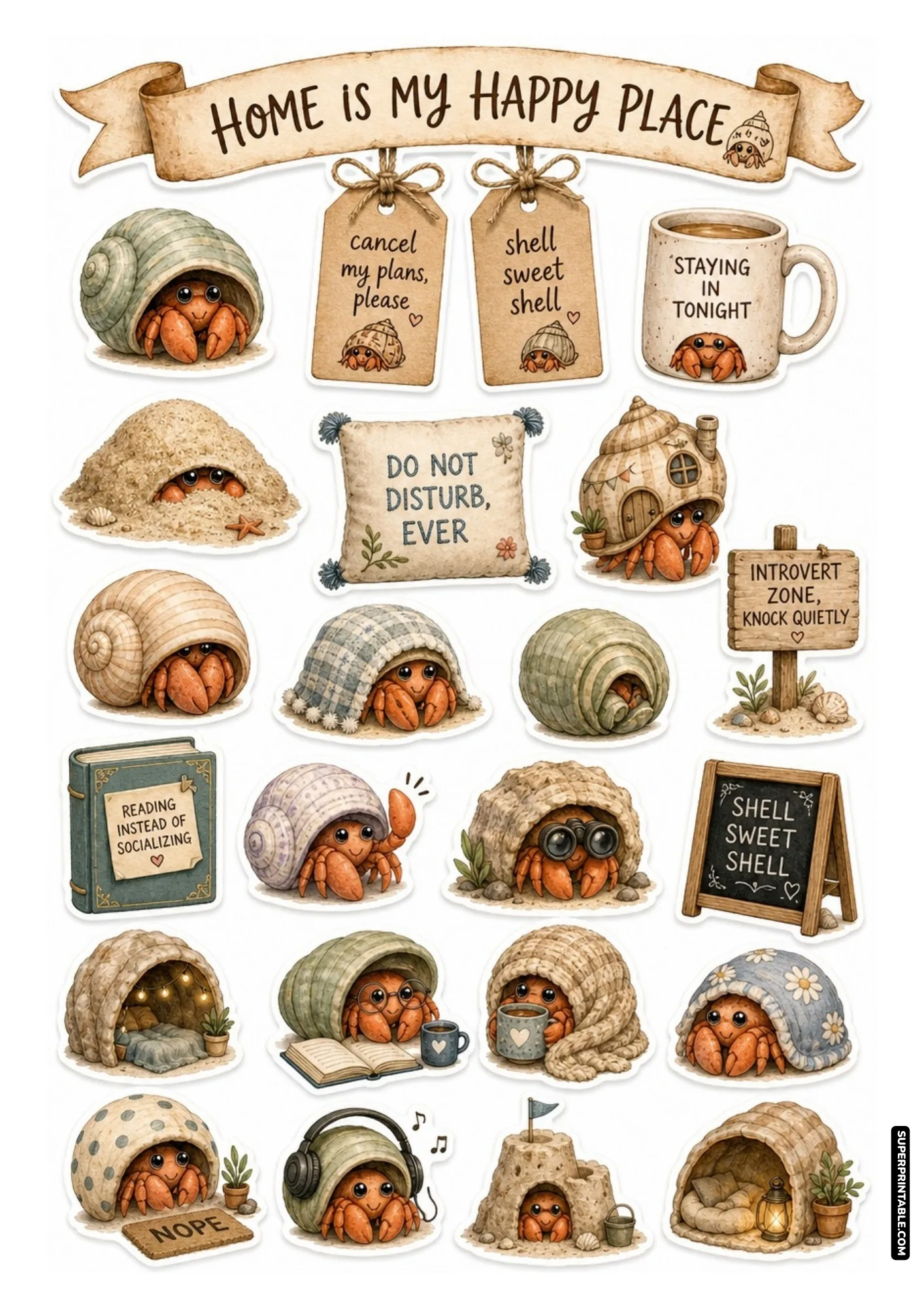 Whimsical hermit crab stickers tucked inside decorative shells, sand caves, and reading nook designs