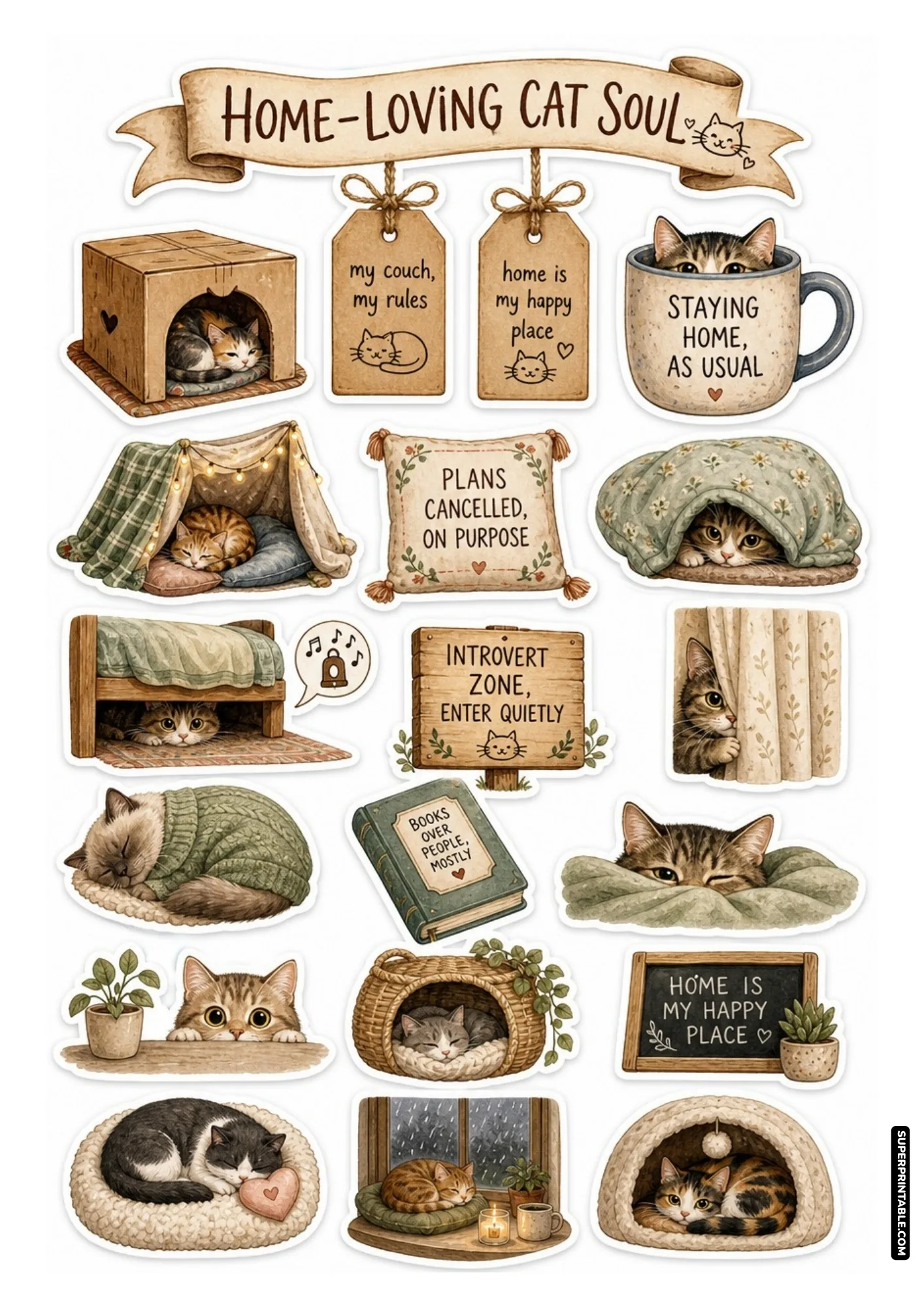 Cozy homebody cat stickers snoozing in cardboard boxes, knit sweaters, and rainy window nooks