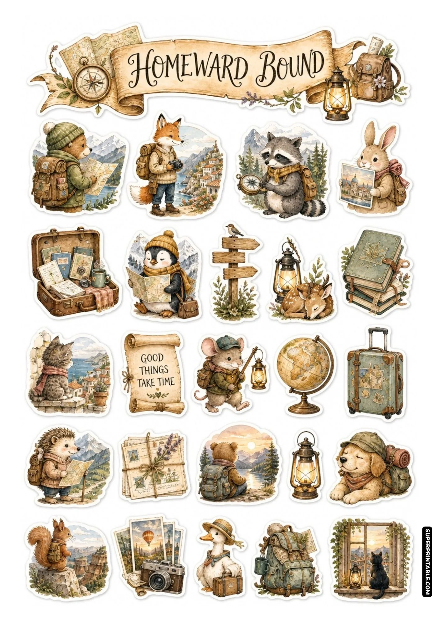 Homeward bound sticker sheet featuring cozy traveling animals and scenic landscape photos