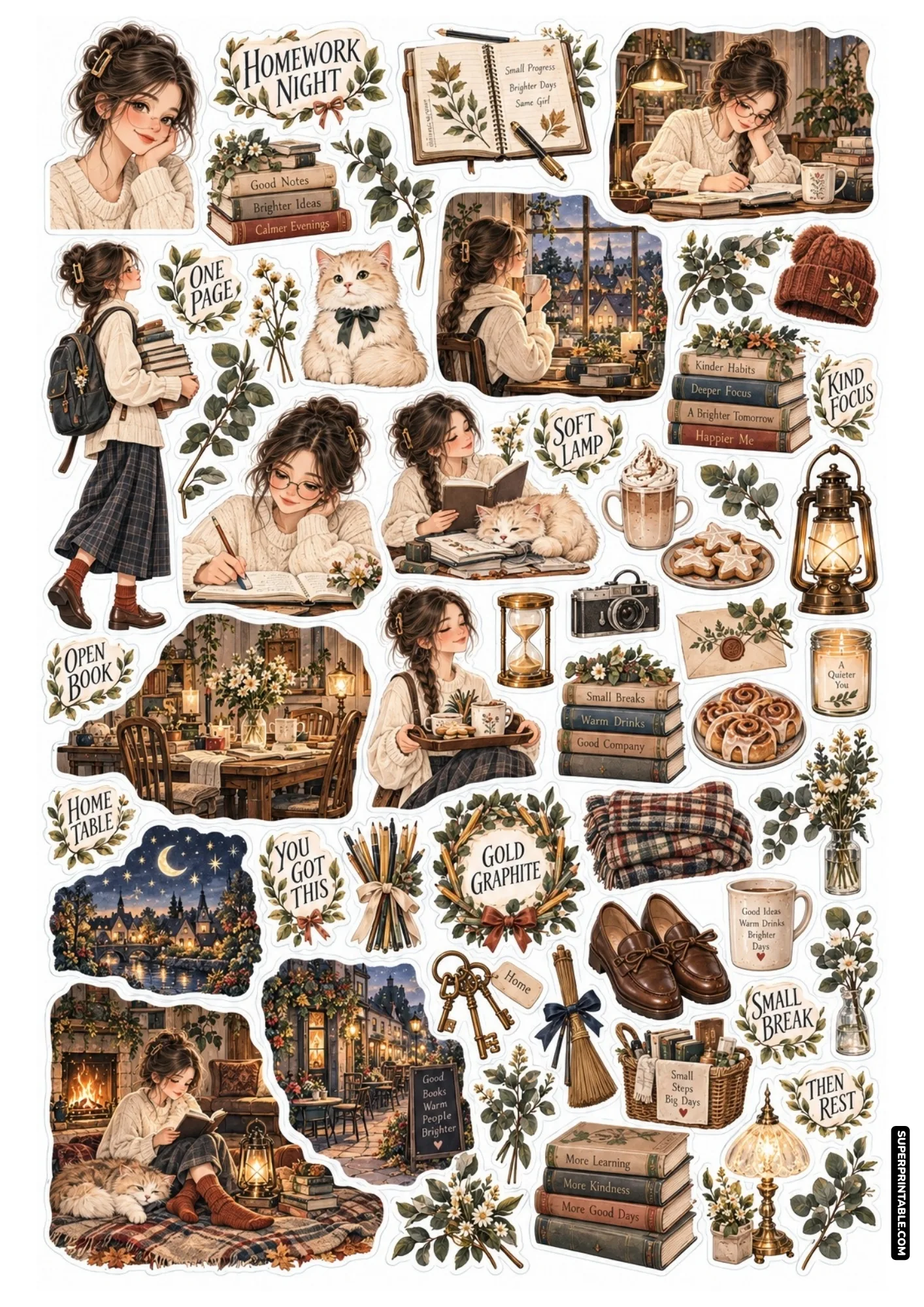 Evening study sticker sheet illustrating twilight desk work, warm lamplight, and a sleeping kitten.