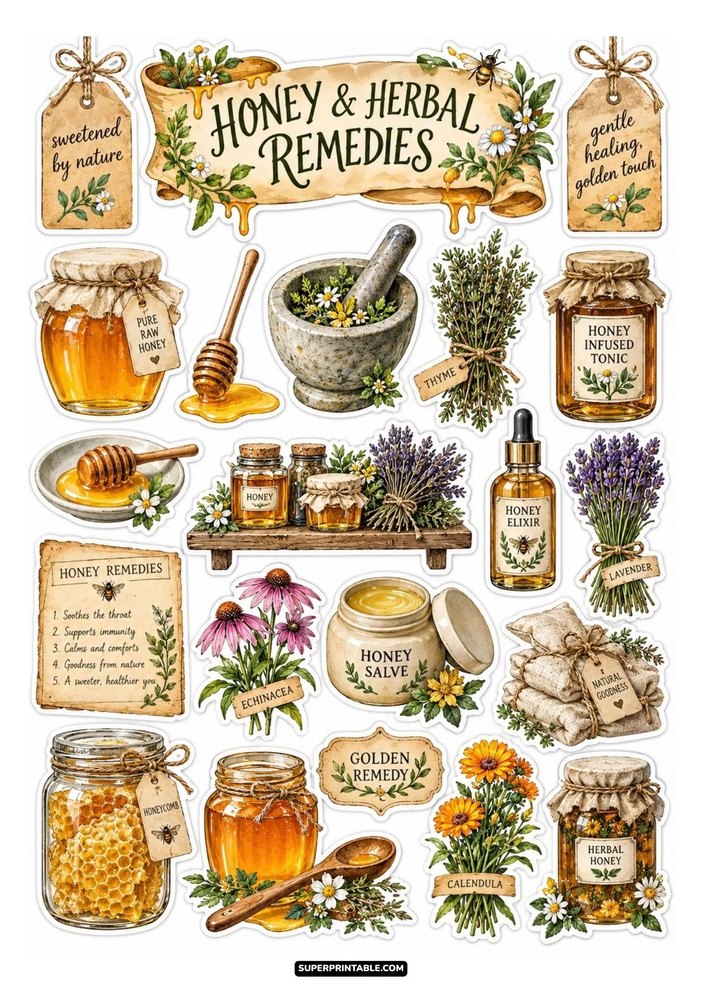 Honey and herbal remedies stickers with honeycomb, honey jars, and echinacea blooms.