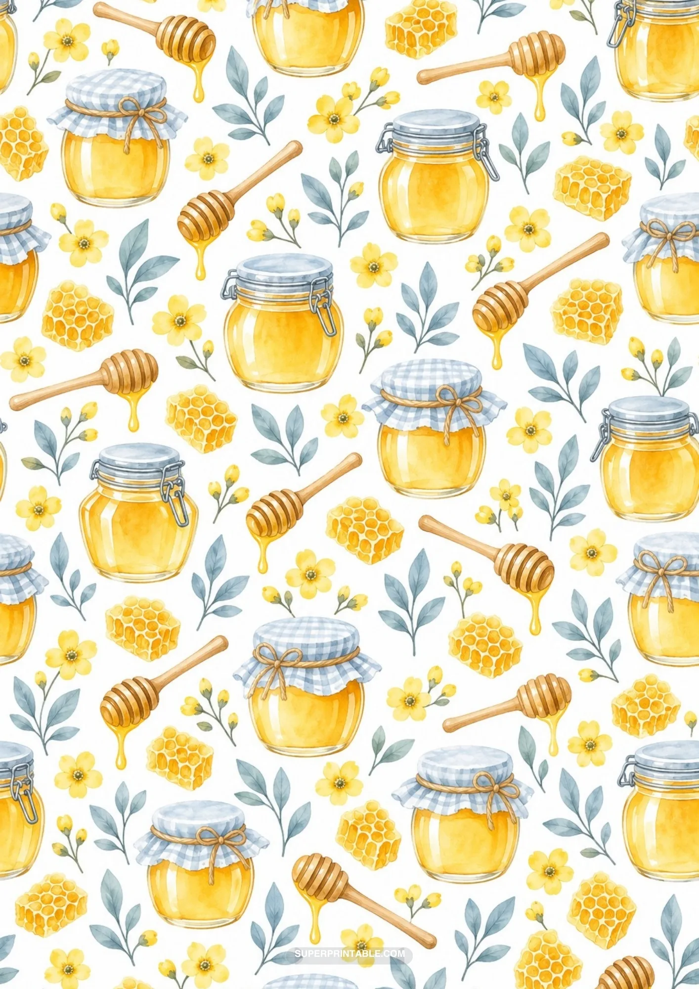 Watercolor honey jars, dripping wooden dippers, and honeycomb slices on white
