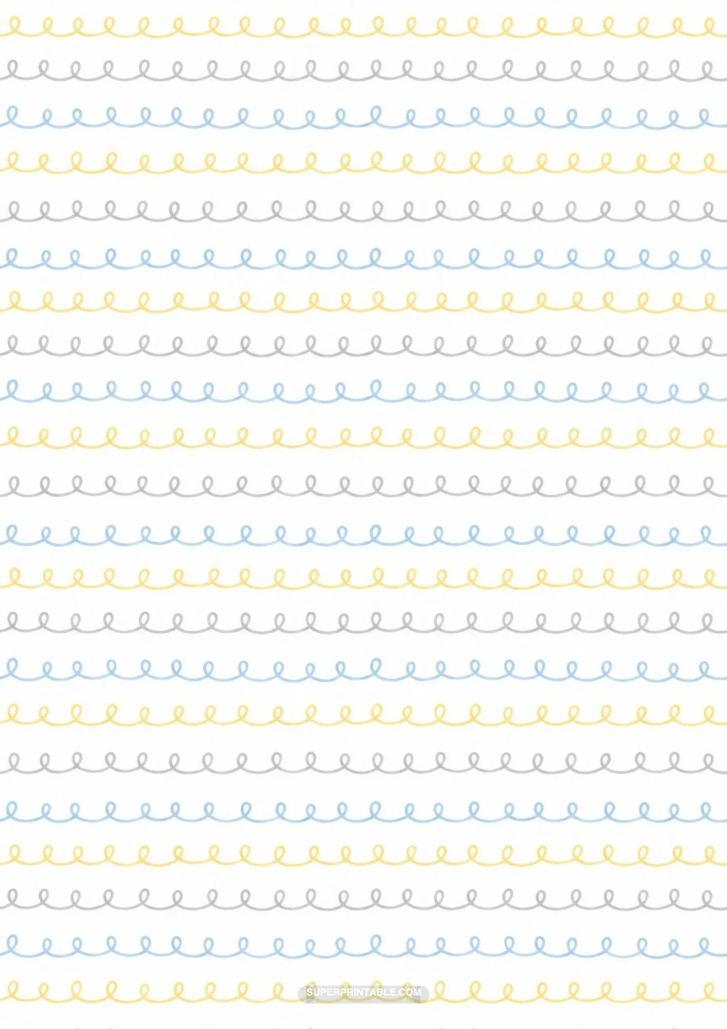 Looped swirl horizontal stripes in honey yellow, soft gray, and powder blue on white