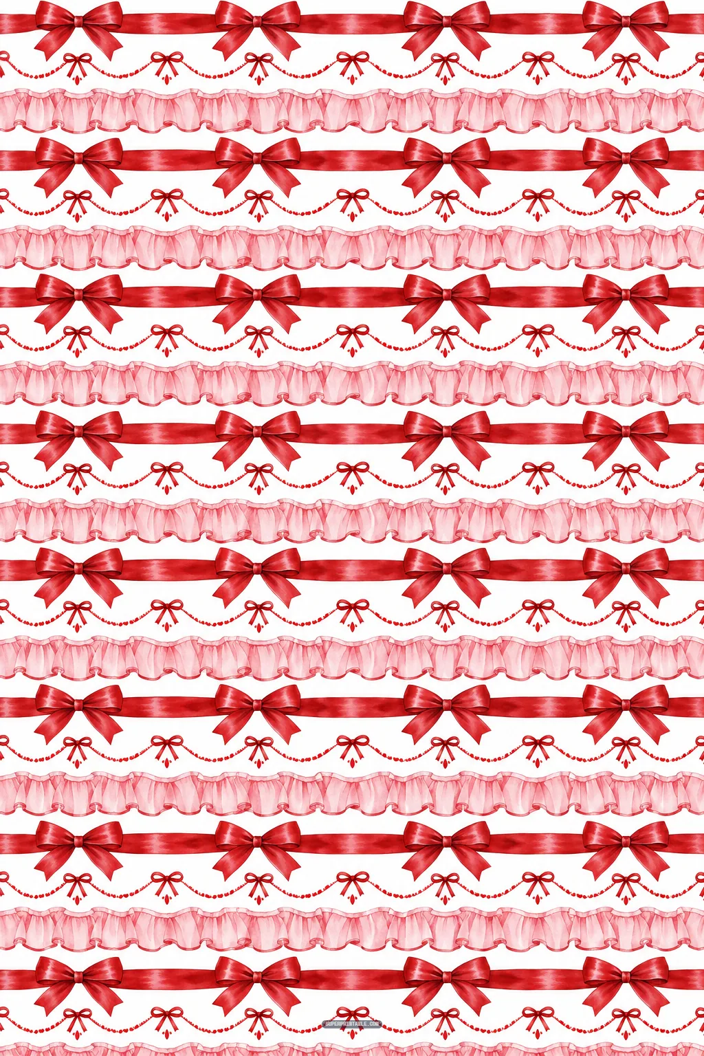 Ornate horizontal red ribbon bands, tied bows, and sheer pink ruffled trim