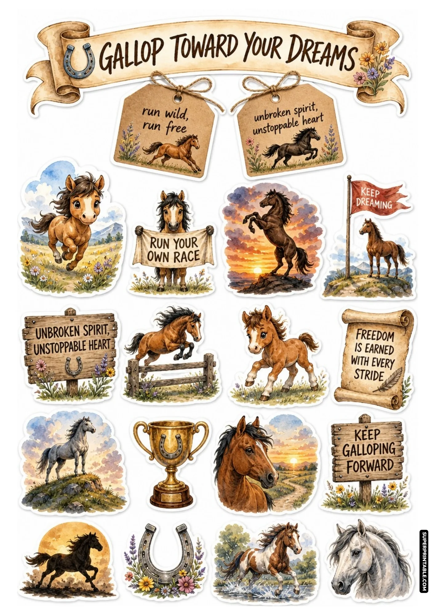 Printable horse stickers with running stallions and inspiring quotes for planners and bullet journals