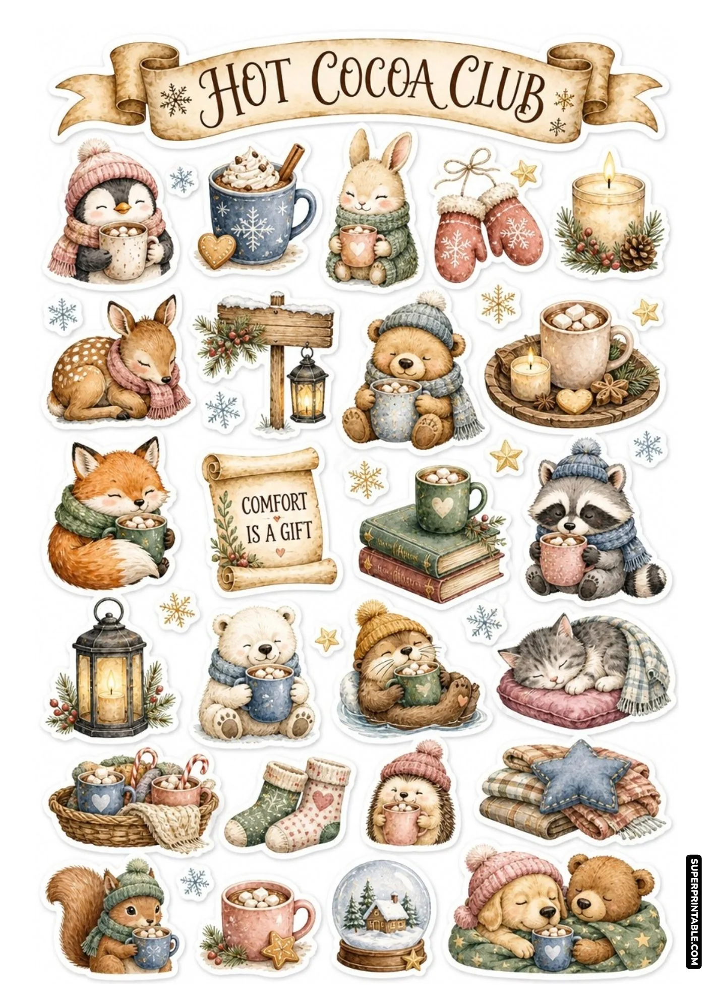 Hot cocoa club sticker sheet with cute animals enjoying mugs of hot chocolate.
