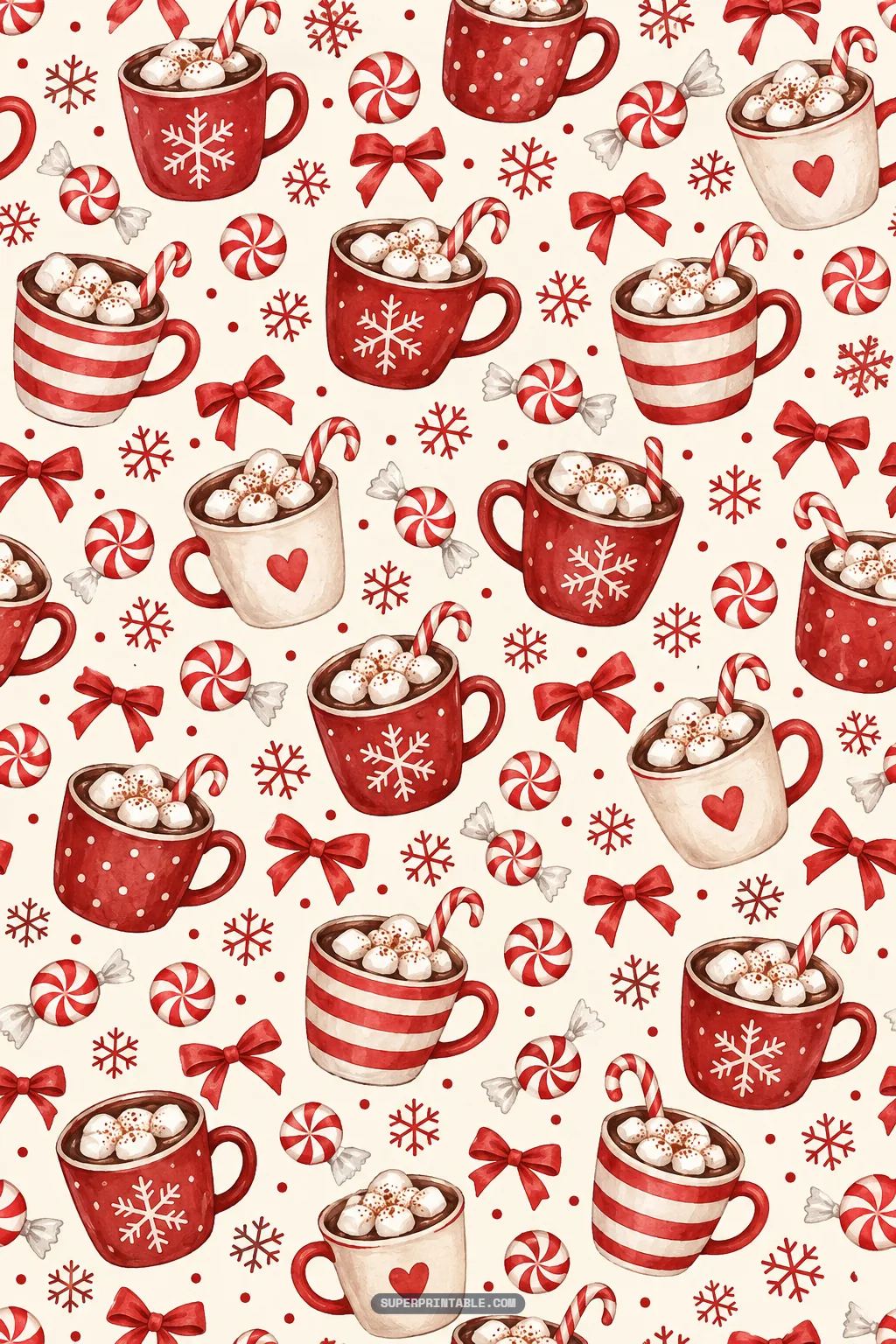 Steaming ceramic mugs of hot chocolate topped with marshmallows and candy canes beside wrapped peppermints