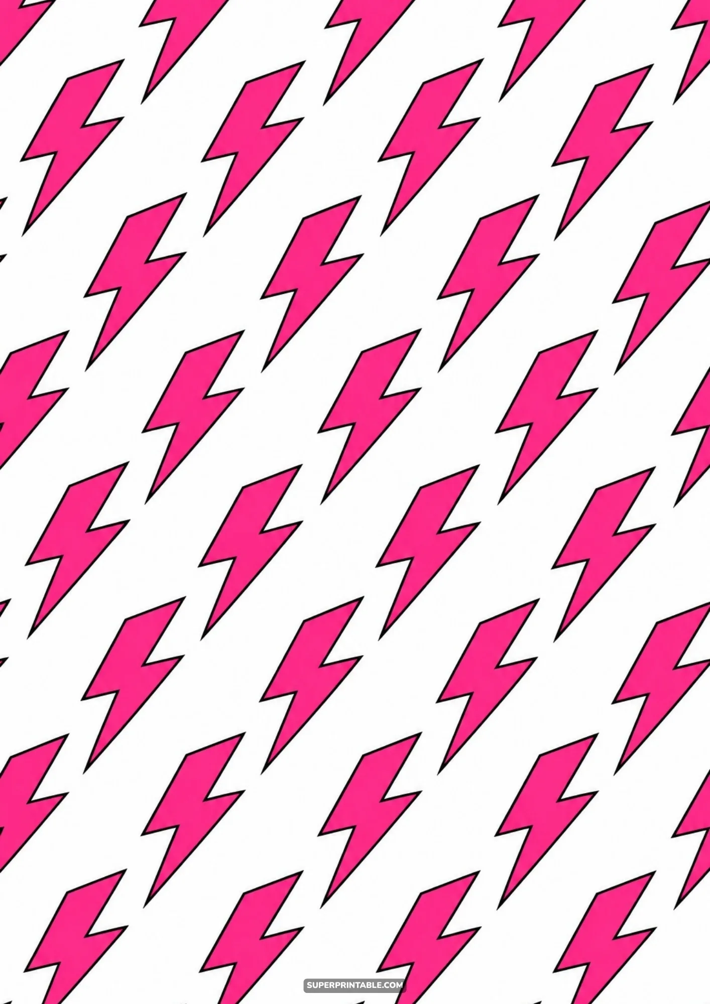 Striking diagonal pattern of hot pink lightning bolts with black outlines on an immaculate white base.