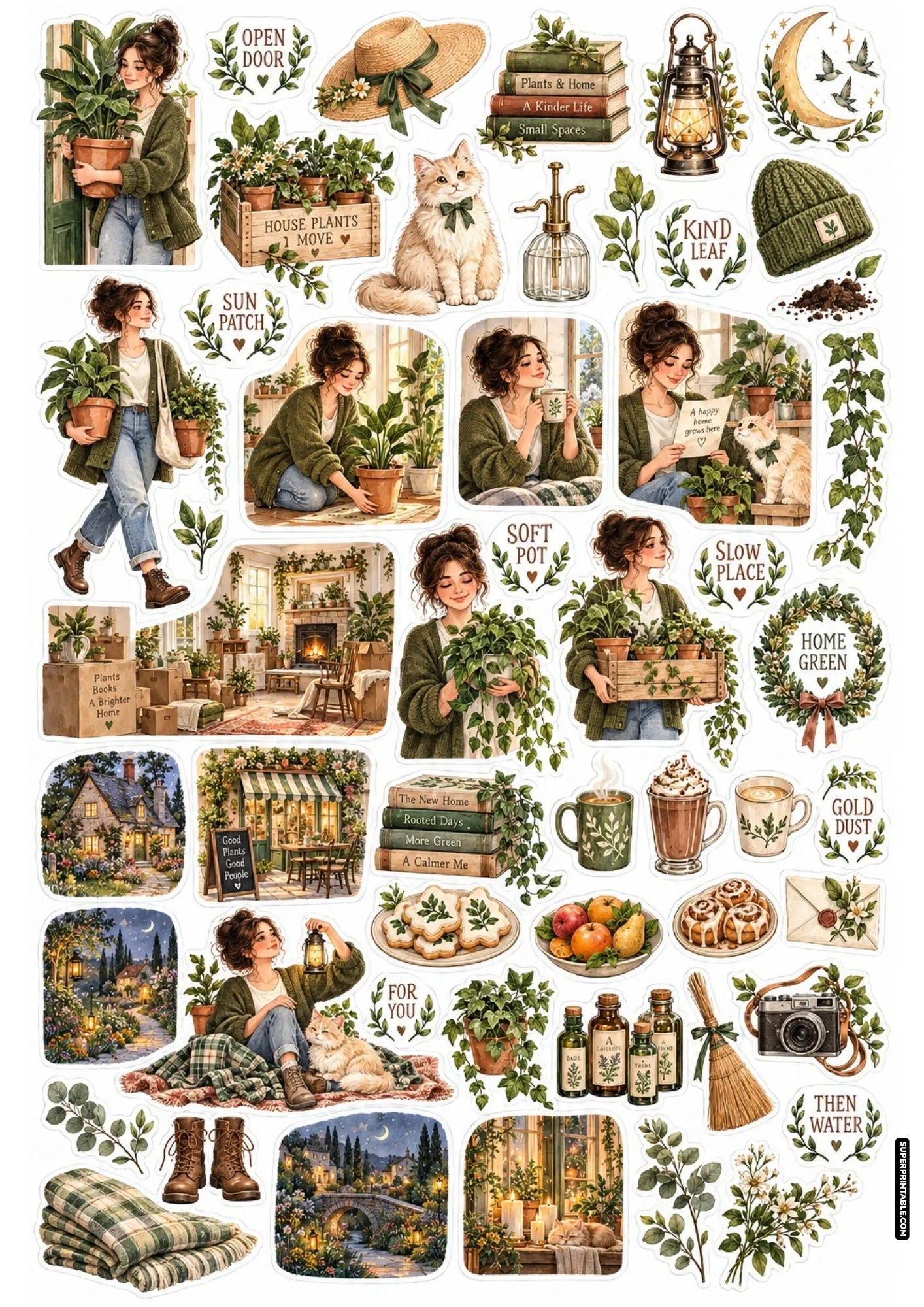 Botanical houseplant moving stickers with potted greenery, wooden crates, and sunny living room