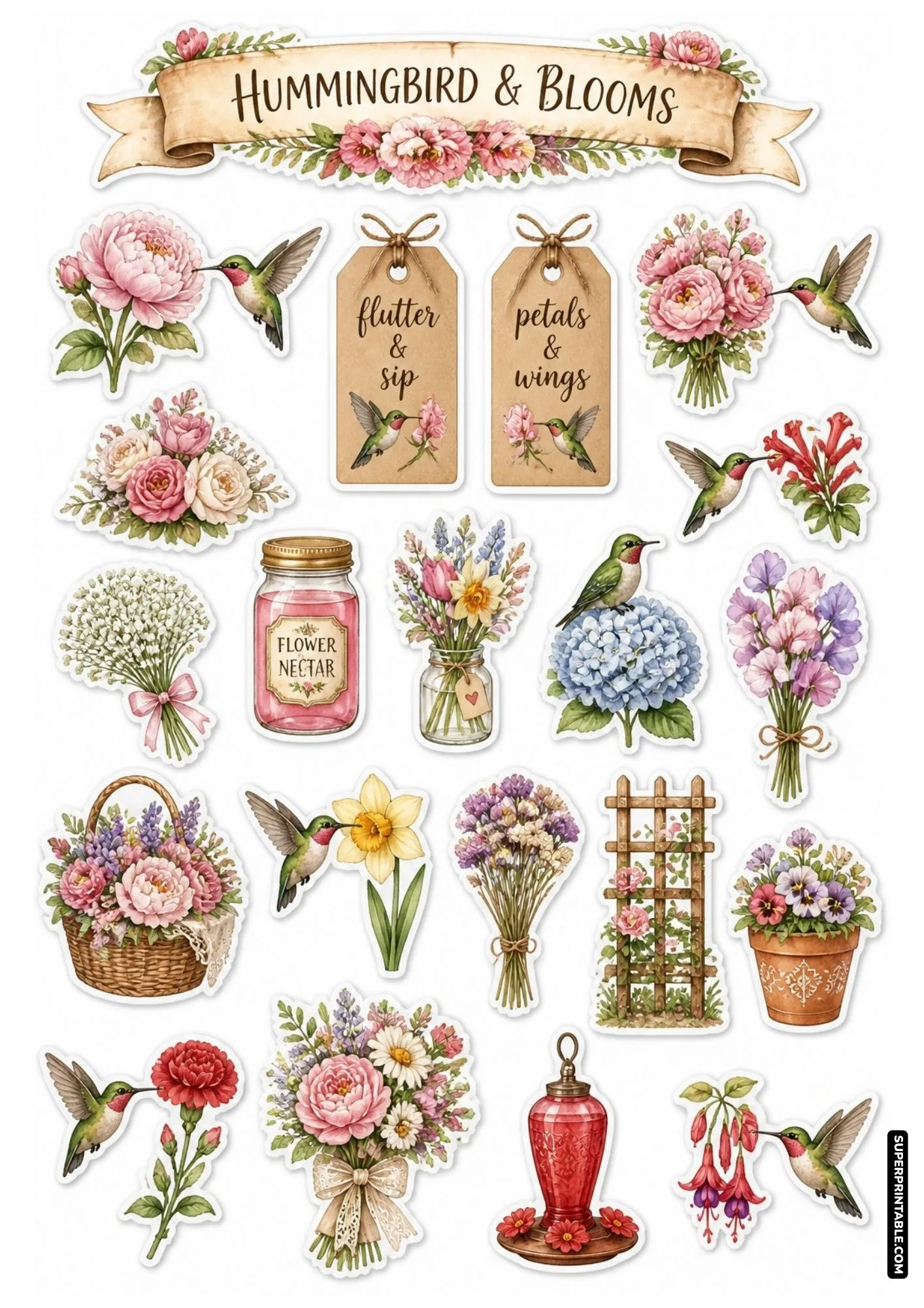 Hummingbird and flower stickers illustrating delicate nectar feeders, peonies, and hydrangeas.