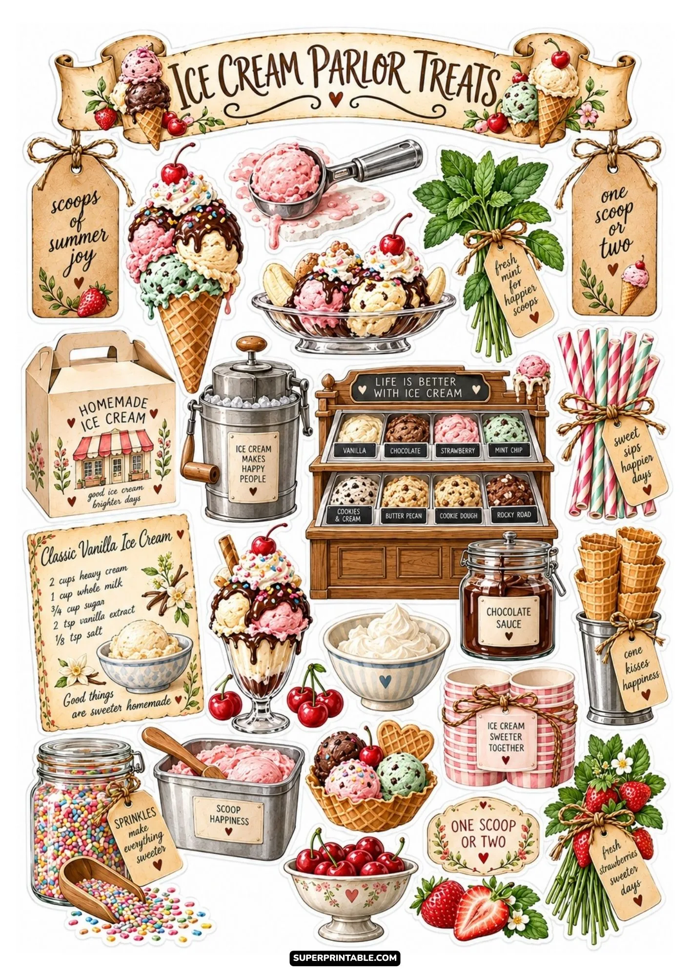 Vintage ice cream parlor sticker sheet displaying colorful scoops, waffle sundaes, and sweet toppings.
