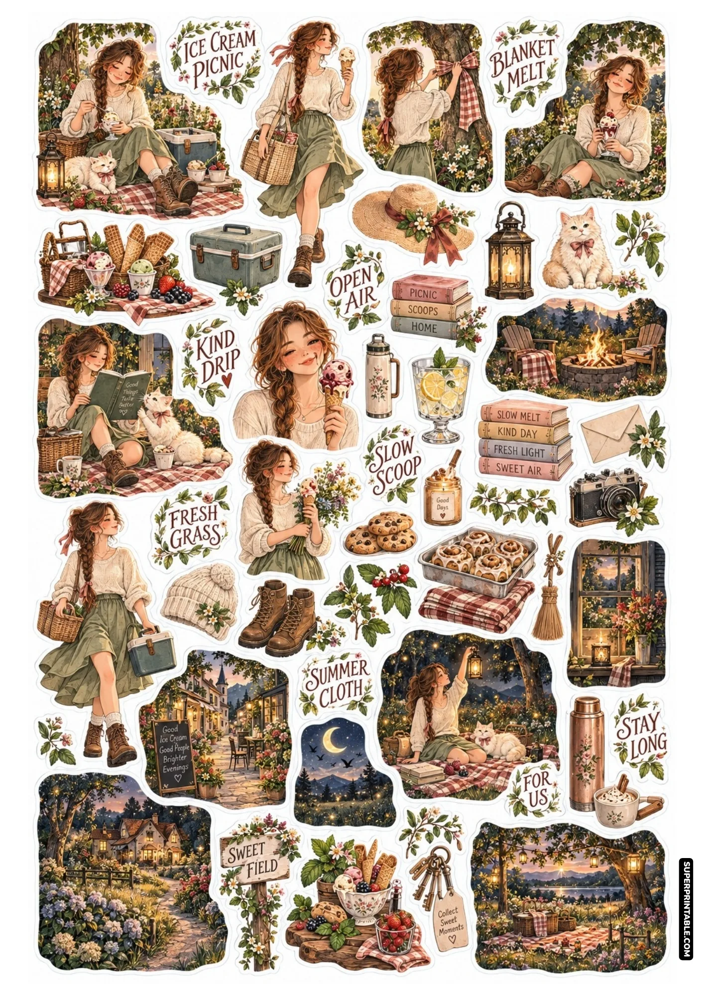 Cottagecore picnic stickers with meadow ice cream cones, wildflowers, campfires, and cooler baskets.