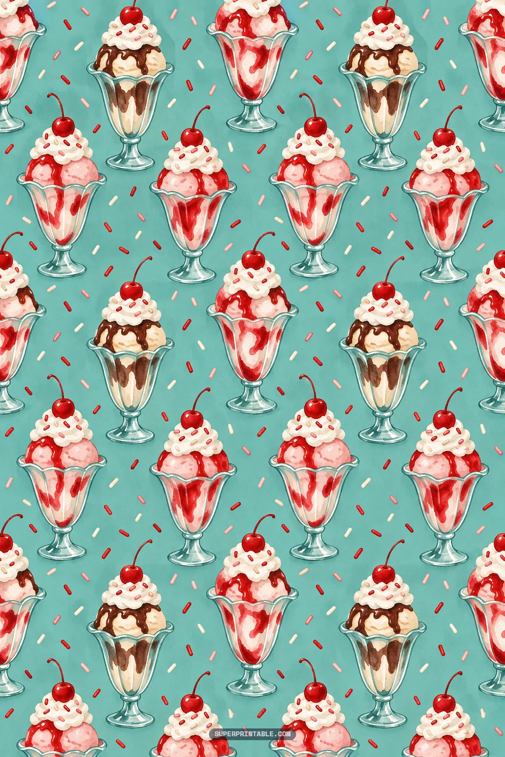 Fluted glass ice cream sundae dishes with hot fudge, cherries, and sprinkles across aqua teal background