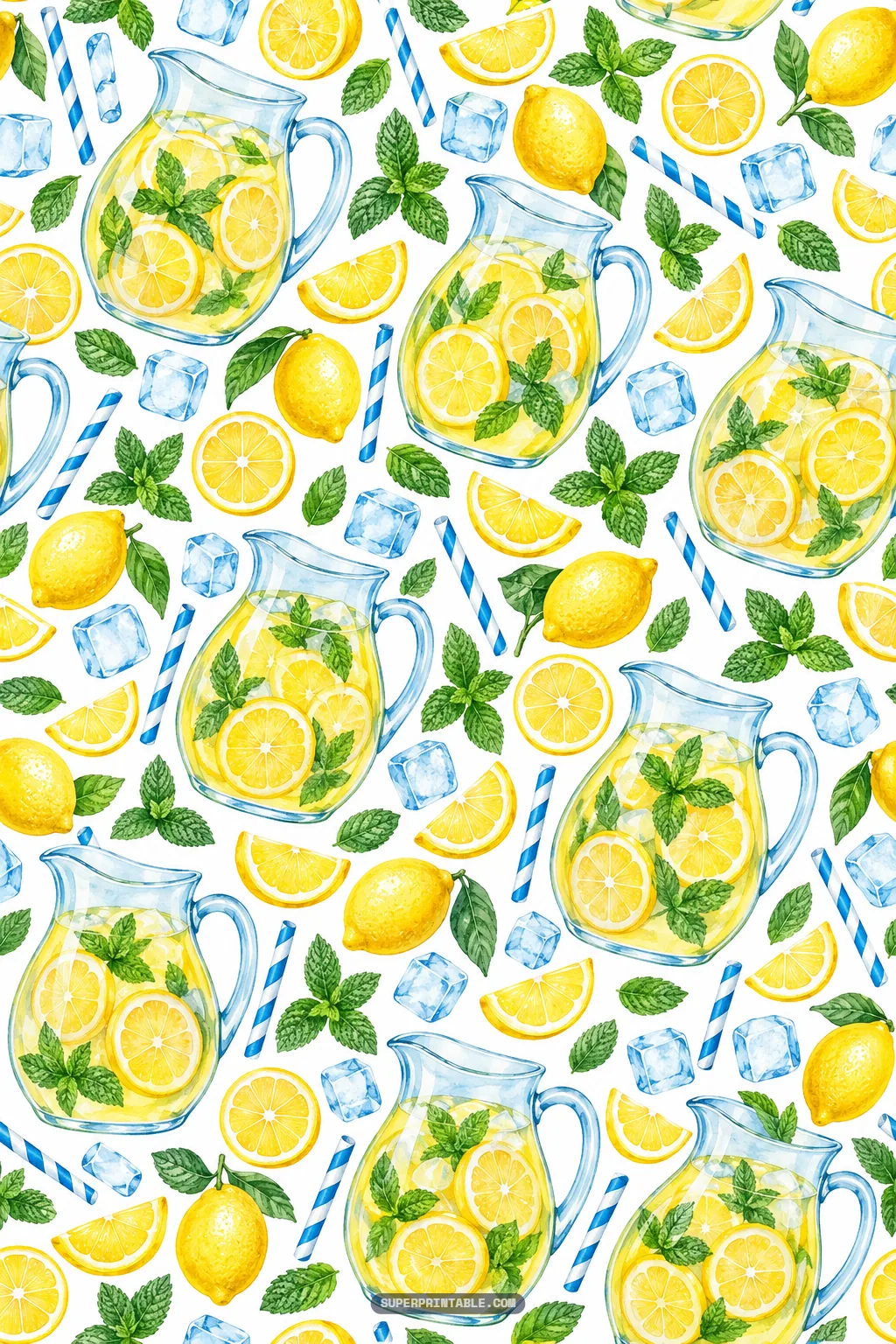 Glass pitchers of cold lemonade with ice cubes, fresh mint sprigs, and blue striped straws on white