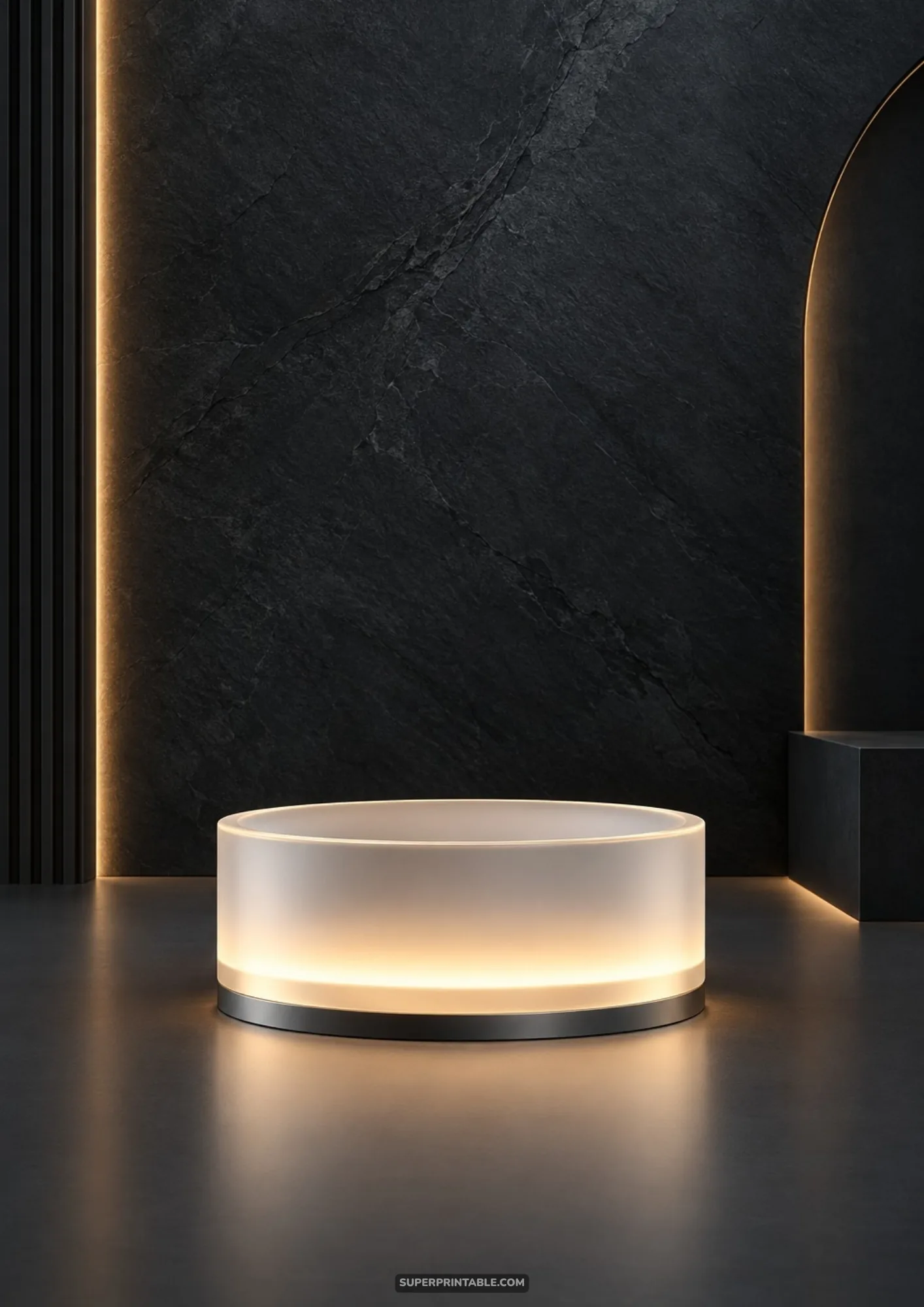 Futuristic circular glowing frosted podium in an ultra-modern dark room with textured black stone backdrop