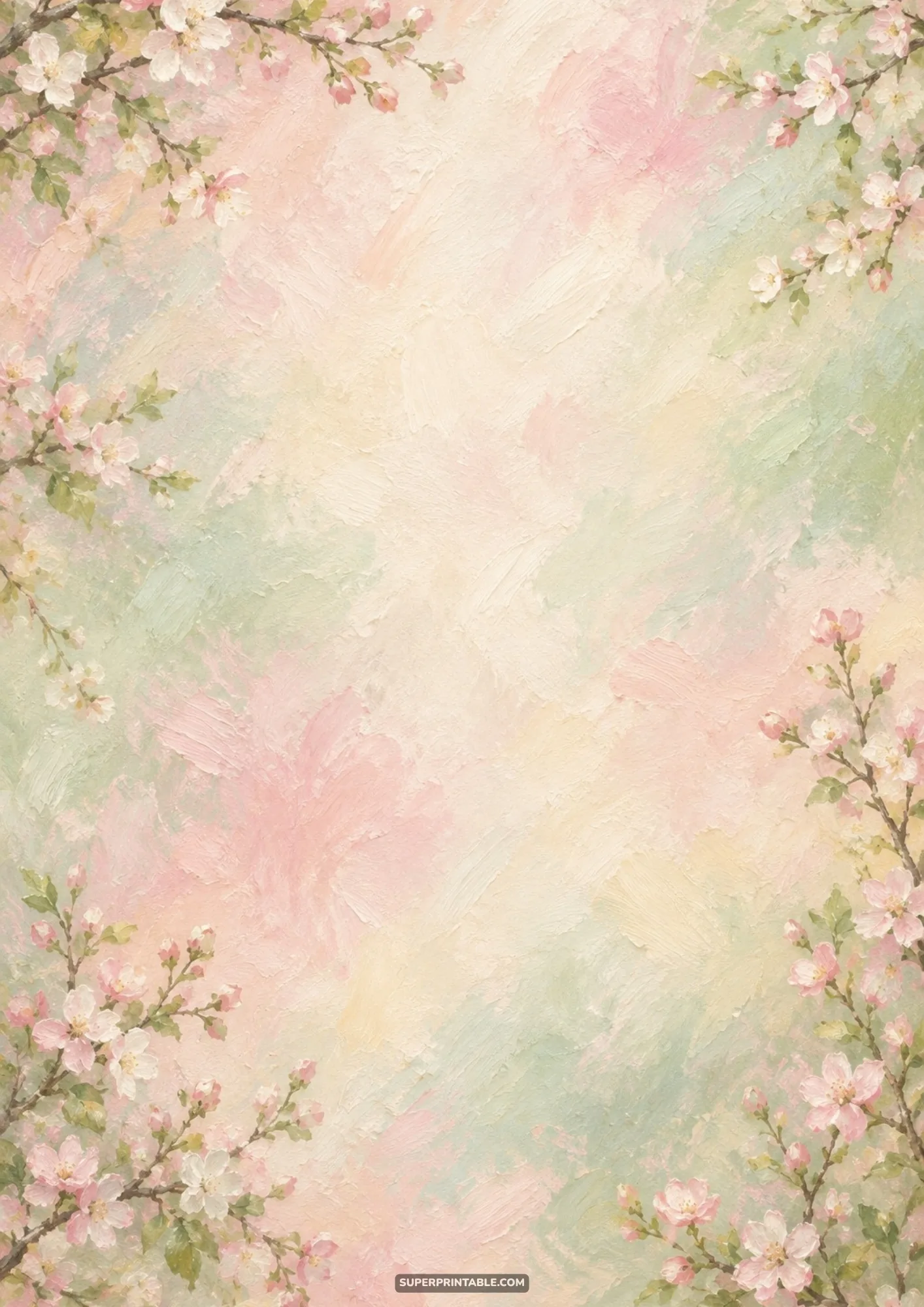 Textured impasto oil painted background framed by delicate flowering cherry blossom boughs