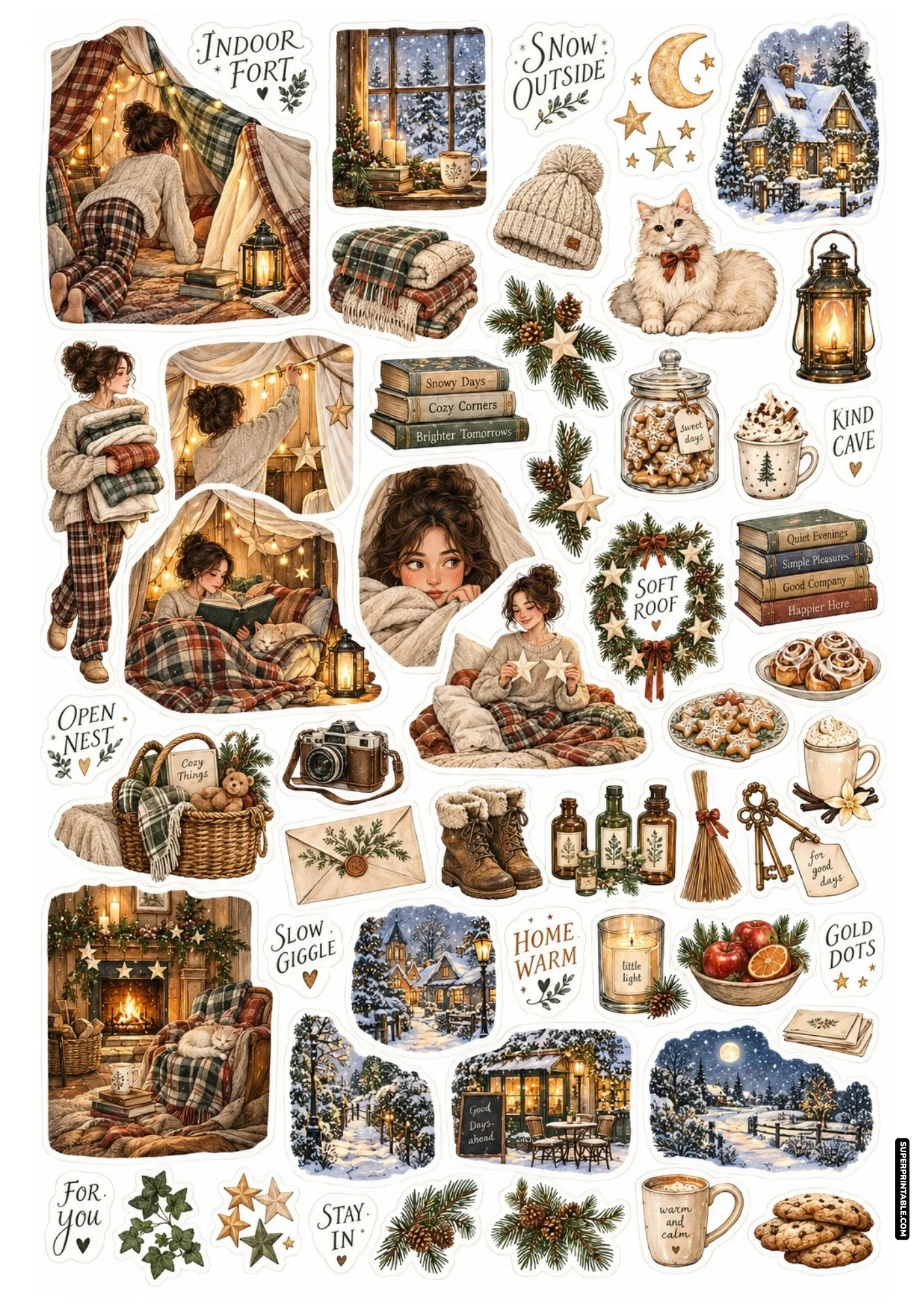 Cozy blanket fort stickers with glowing fairy lights, soft plaid quilts, and warm indoor winter playtime.