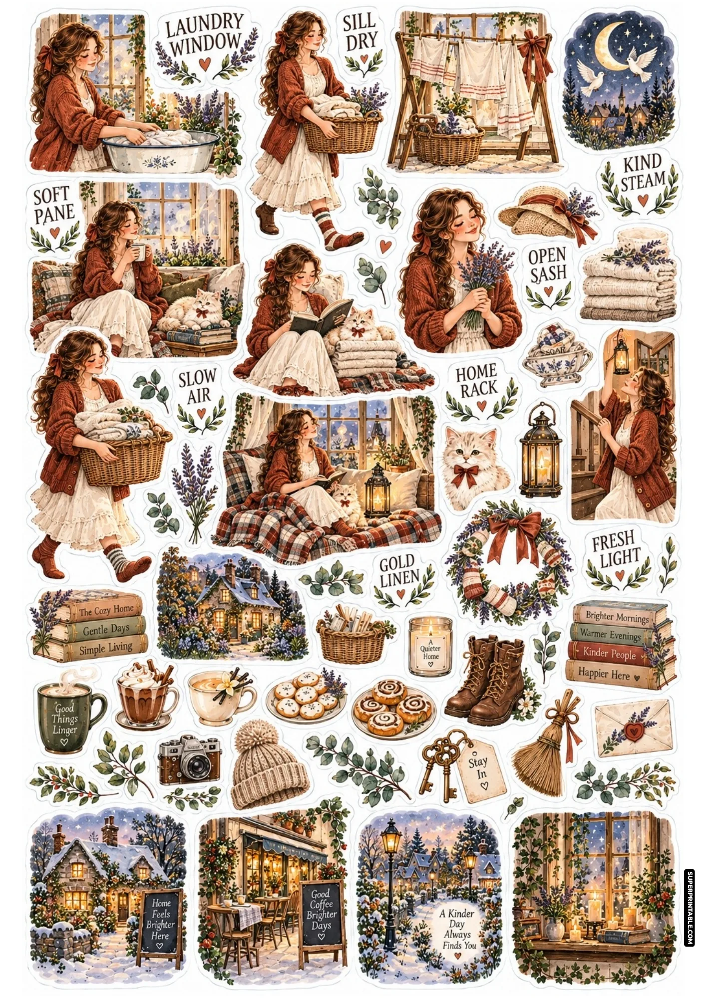 Indoor laundry drying rack sheet stickers featuring girl washing clothes, lavender, and snowy cottage